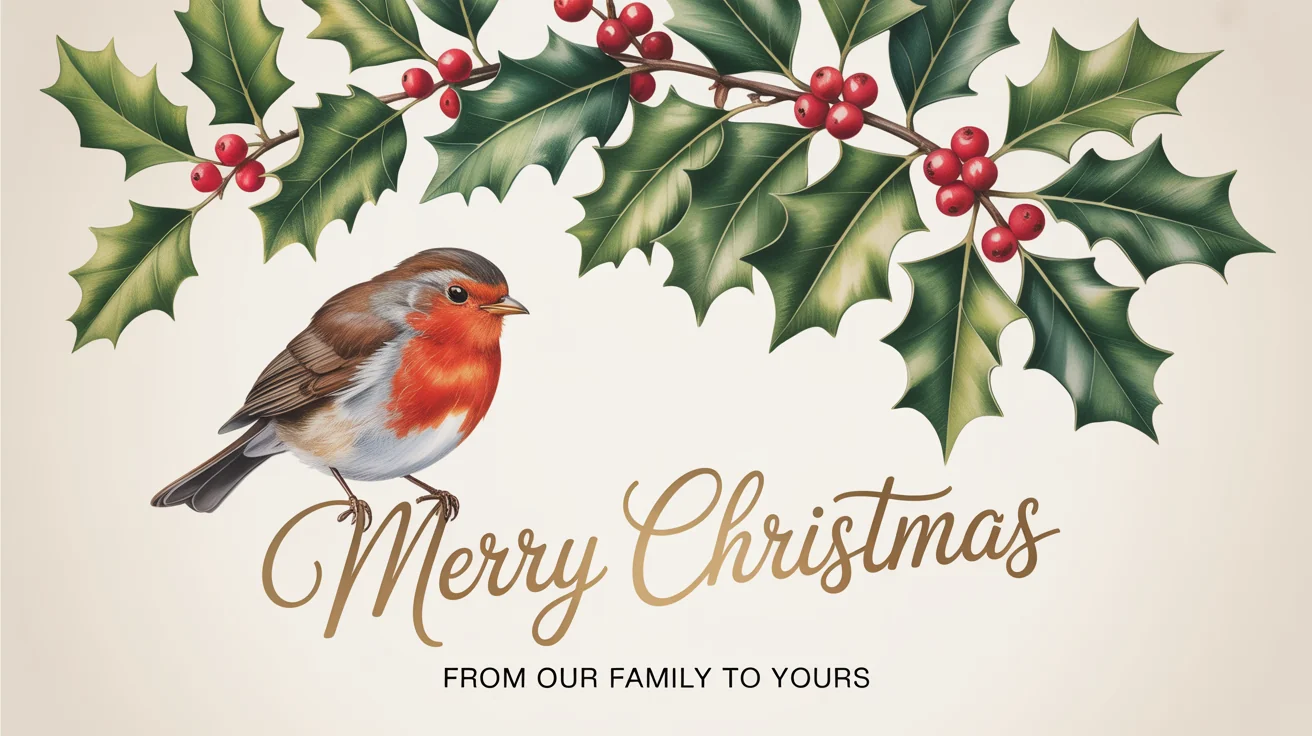 A mockup of a vertical Christmas card featuring a watercolor robin on a holly branch, with the text 'Merry Christmas' in gold script.