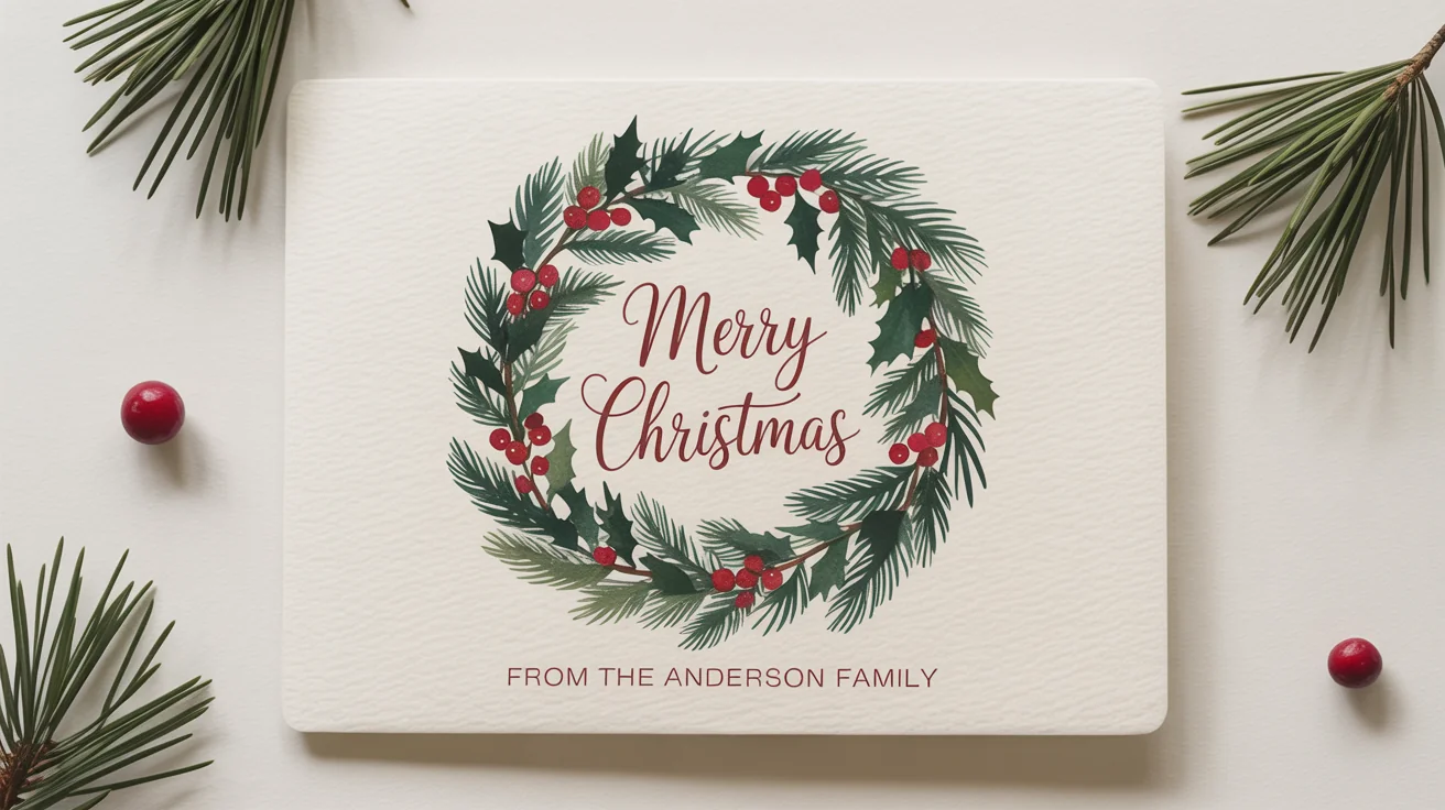 A mockup of an elegant, modern Christmas card on a white background. The card has a watercolor wreath design with the text 'Merry Christmas' and 'From The Anderson Family'.