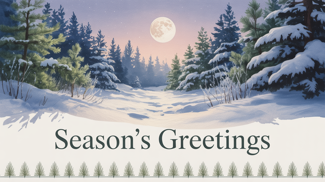 A modern Christmas card mockup standing on a white background, featuring a watercolor winter forest scene and the text 'Season's Greetings'.