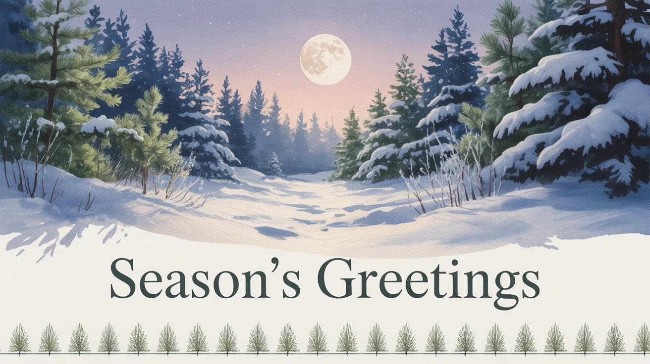 A modern Christmas card mockup standing on a white background, featuring a watercolor winter forest scene and the text 'Season's Greetings'.