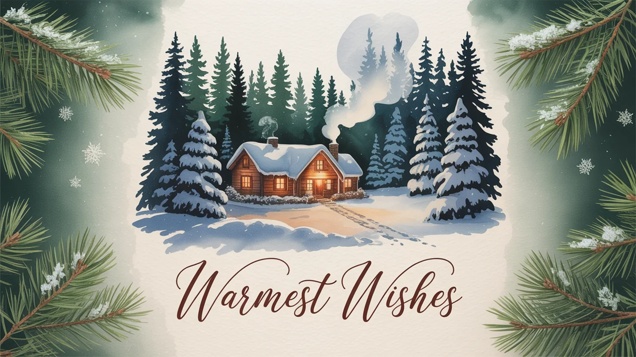 A beautiful Christmas card mockup standing on a white background, featuring a watercolor illustration of a snowy cabin and the text 'Warmest Wishes'.