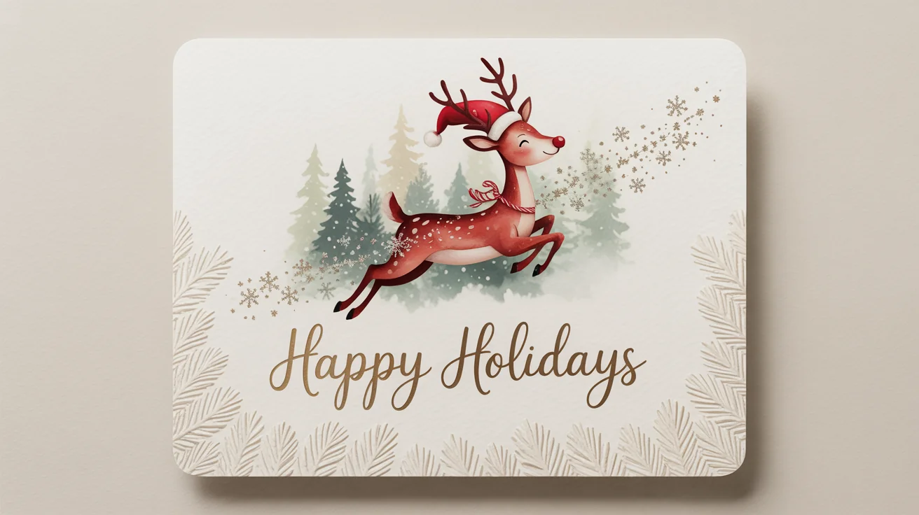 A modern Christmas card mockup standing on a white surface, featuring a watercolor reindeer in a Santa hat and the text 'Happy Holidays' in gold foil.