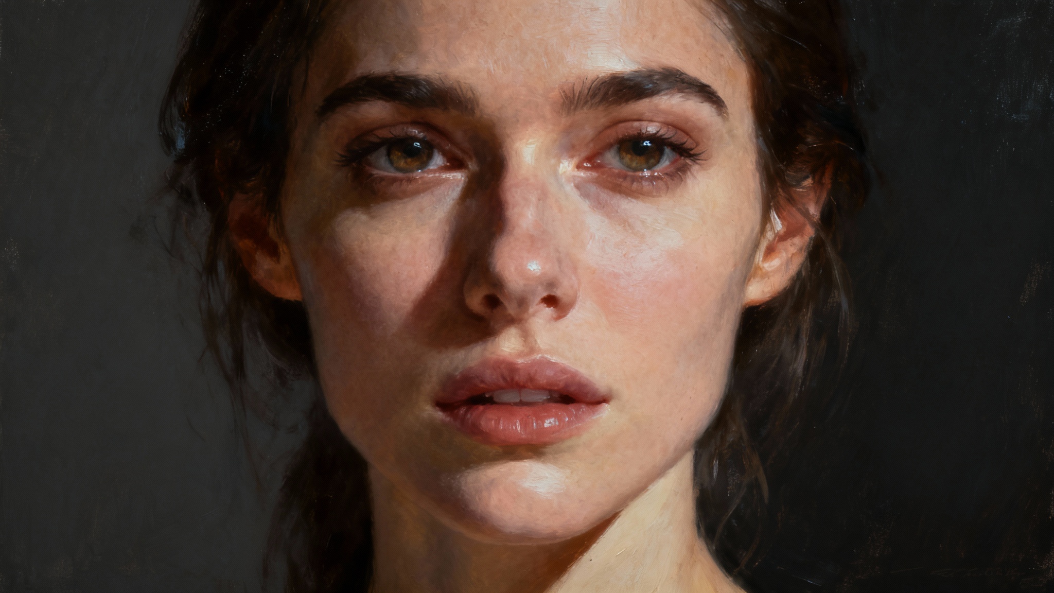 A hyper-realistic digital oil painting portrait of a woman, serving as a beautiful example of a photo-to-portrait transformation.