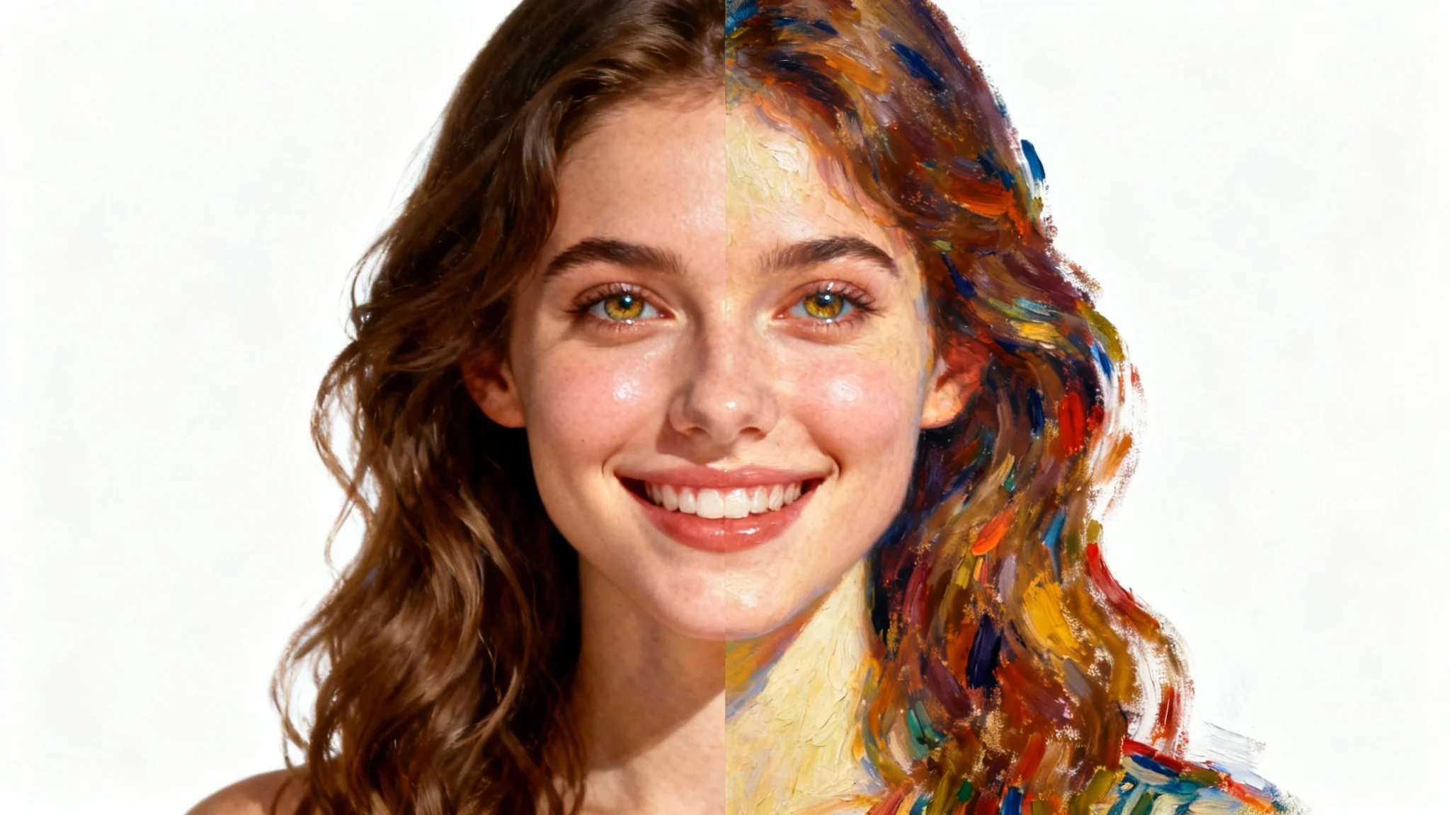 A split image showing the transformation of a woman's photo into a painted portrait. The left side is a photograph, and the right side is a digital oil painting.