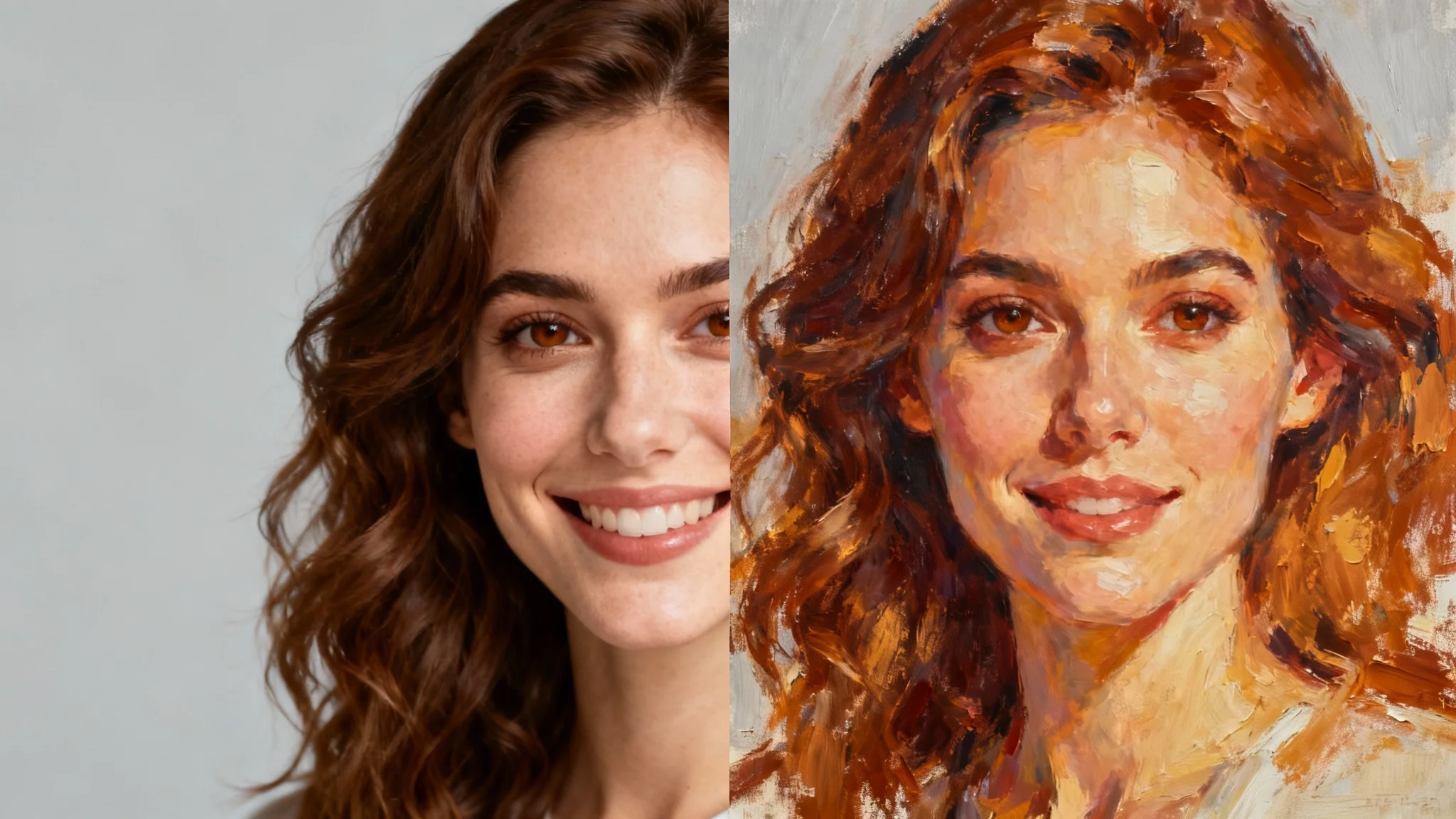 A split-image demonstrating a photo-to-portrait service, with the left side showing a real photograph of a woman and the right side showing an artistic digital painting of her.