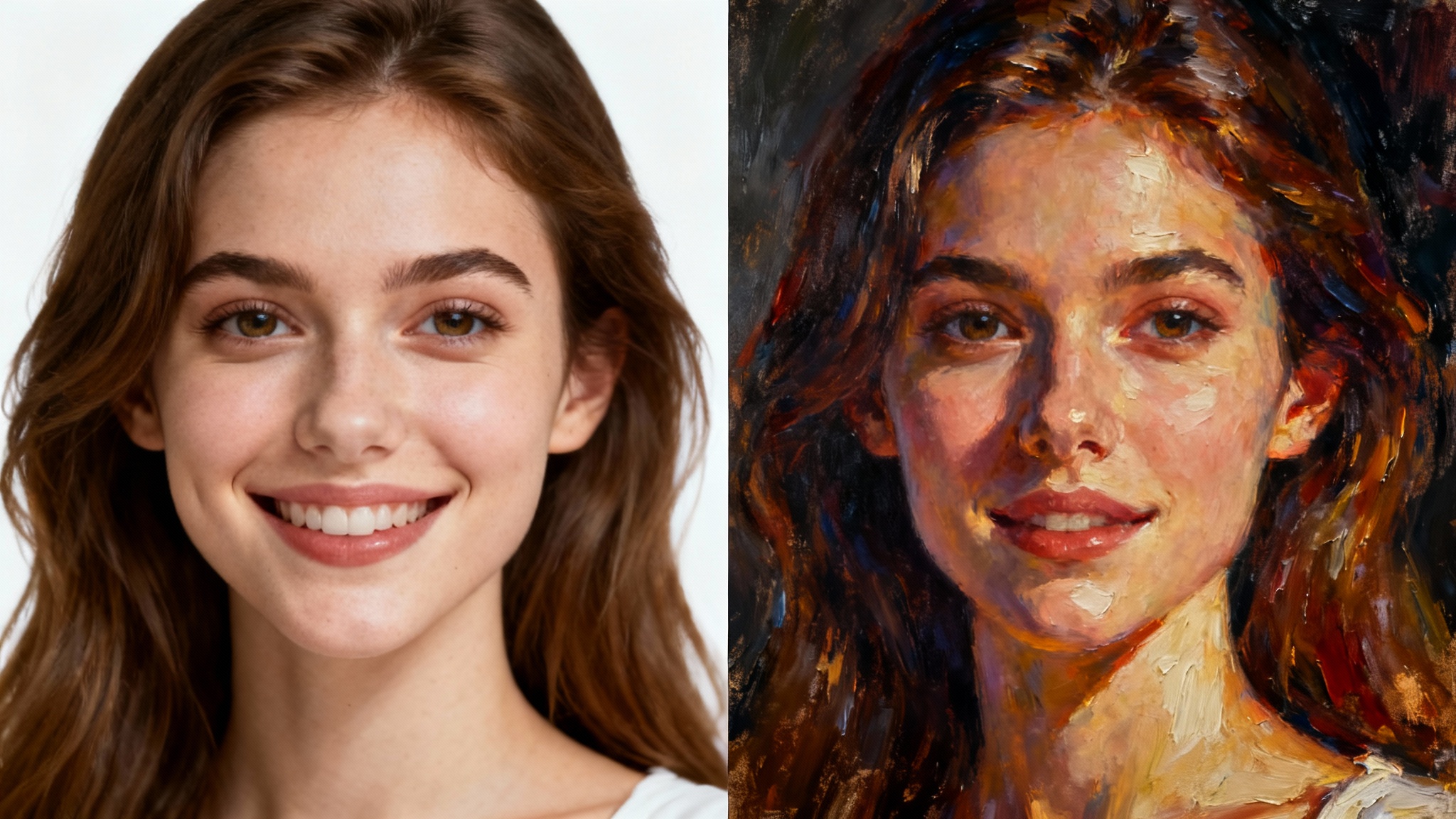 A split-screen comparison image demonstrating a photo-to-portrait service. The left side shows a realistic photo of a smiling woman, and the right side shows the same image beautifully transformed into a digital oil painting.