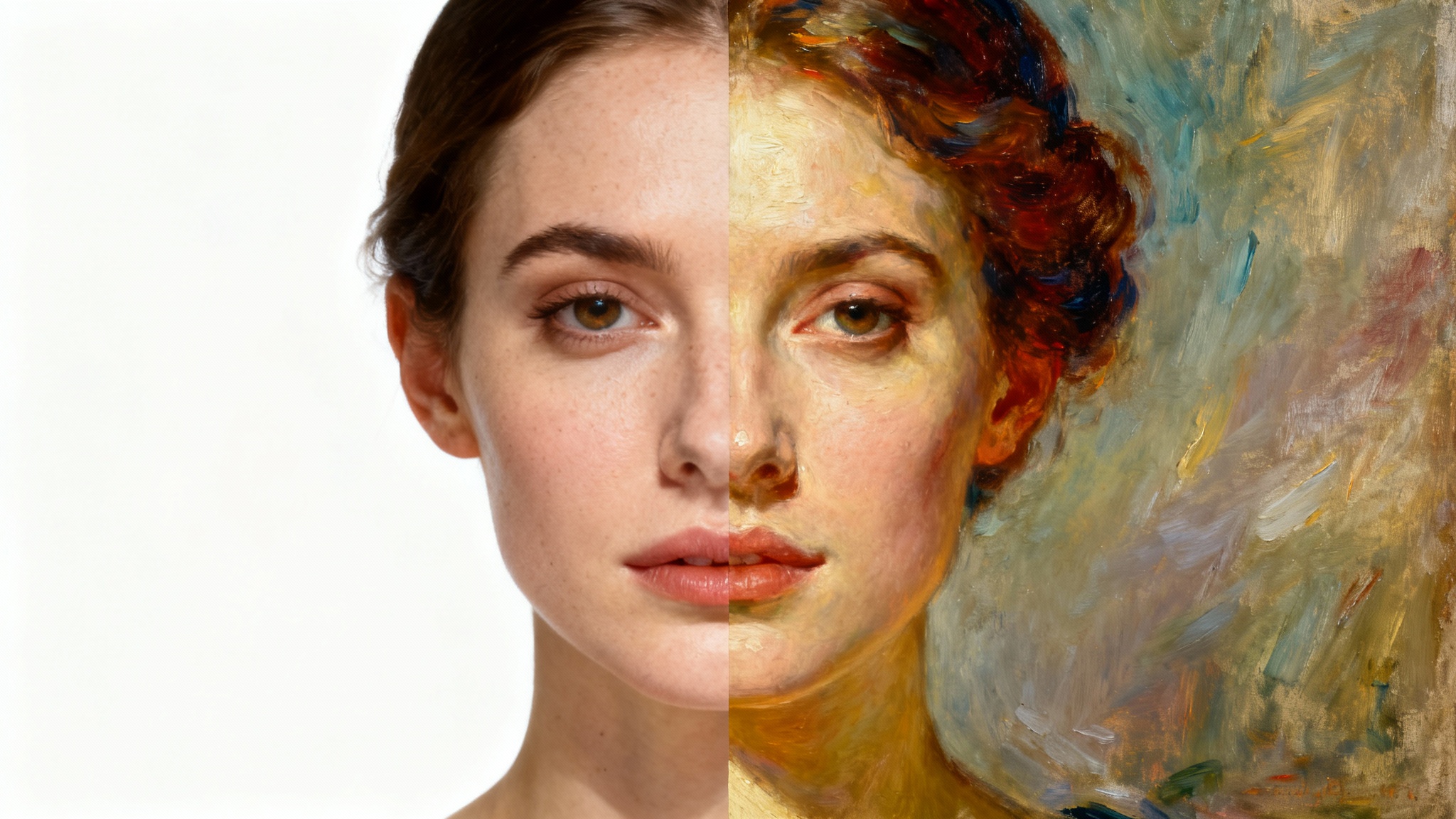 A split-screen image showing the transformation of a woman's face from a photograph on the left to an oil painting on the right, against a clean white background.