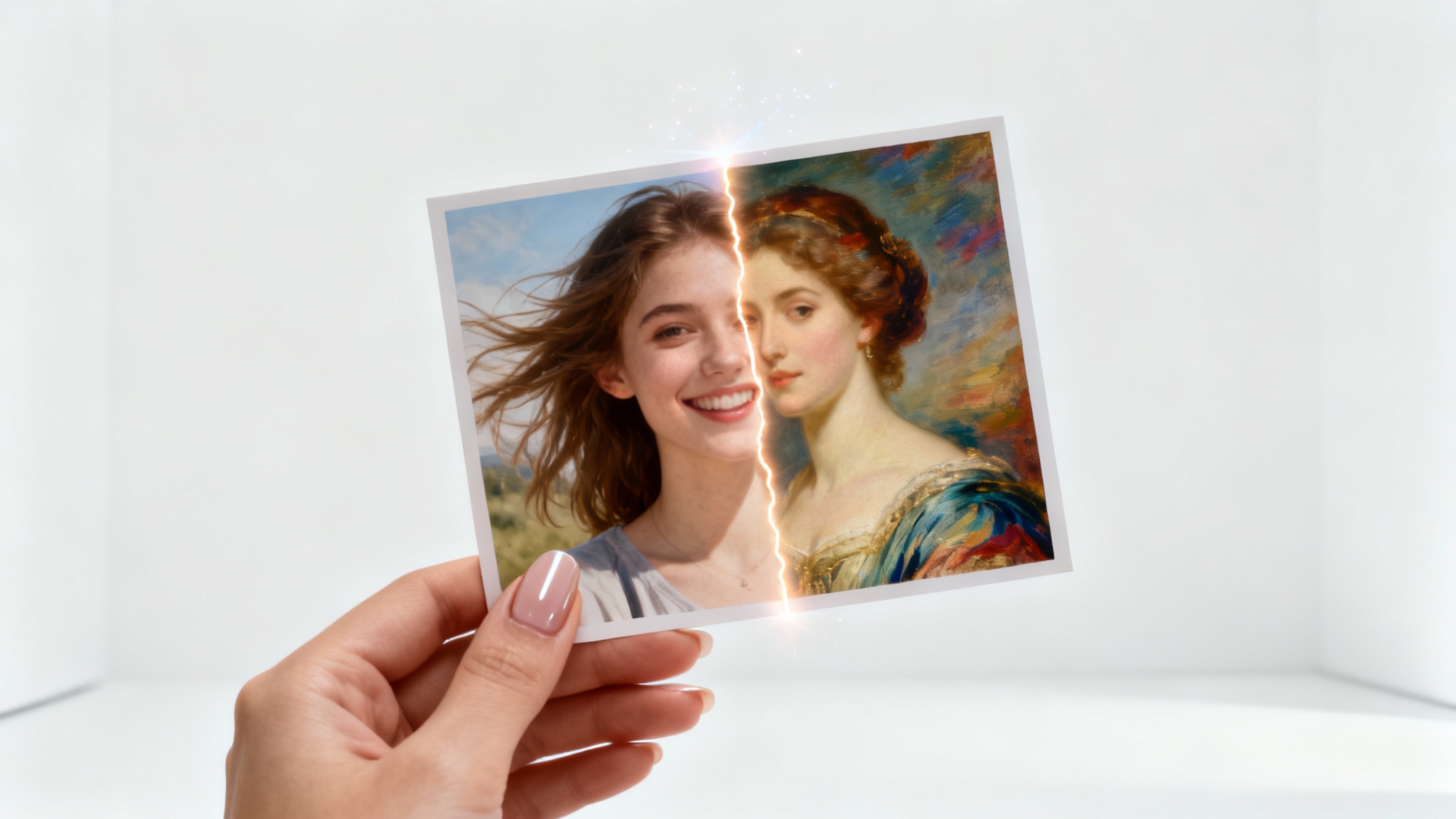 A hand holds a photograph that is halfway transformed from a casual snapshot into an elegant oil painting portrait, symbolizing a photo-to-portrait service.