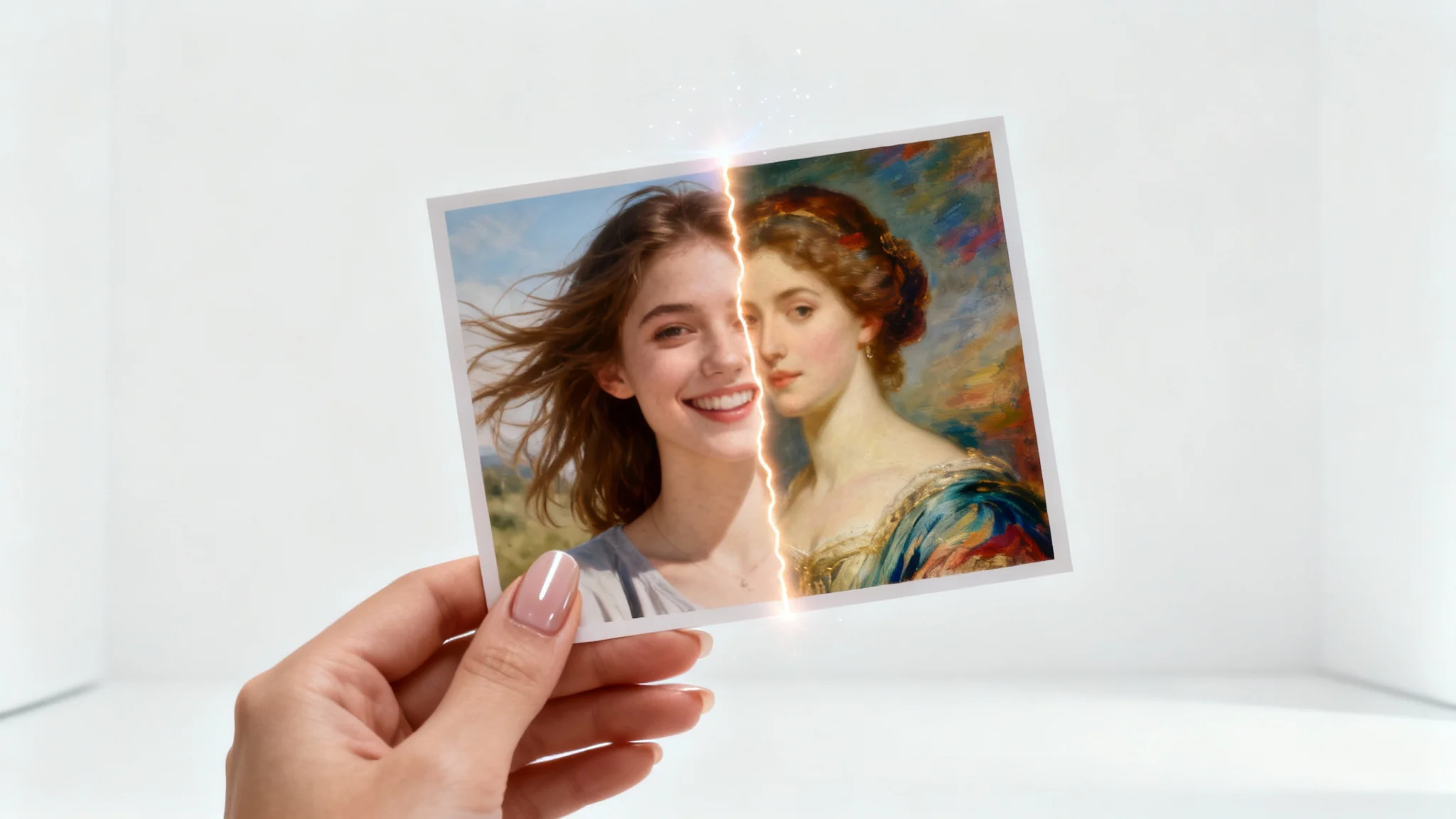 A hand holds a photograph that is halfway transformed from a casual snapshot into an elegant oil painting portrait, symbolizing a photo-to-portrait service.