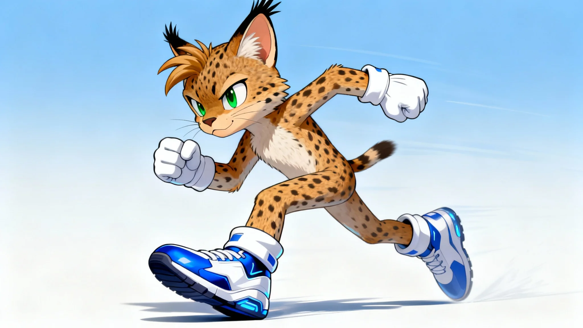 A newly created character in the official Sonic the Hedgehog art style. The character is an anthropomorphic lynx with tufted ears, wearing gloves and sneakers, captured in a dynamic running pose against a simple blue and white background.