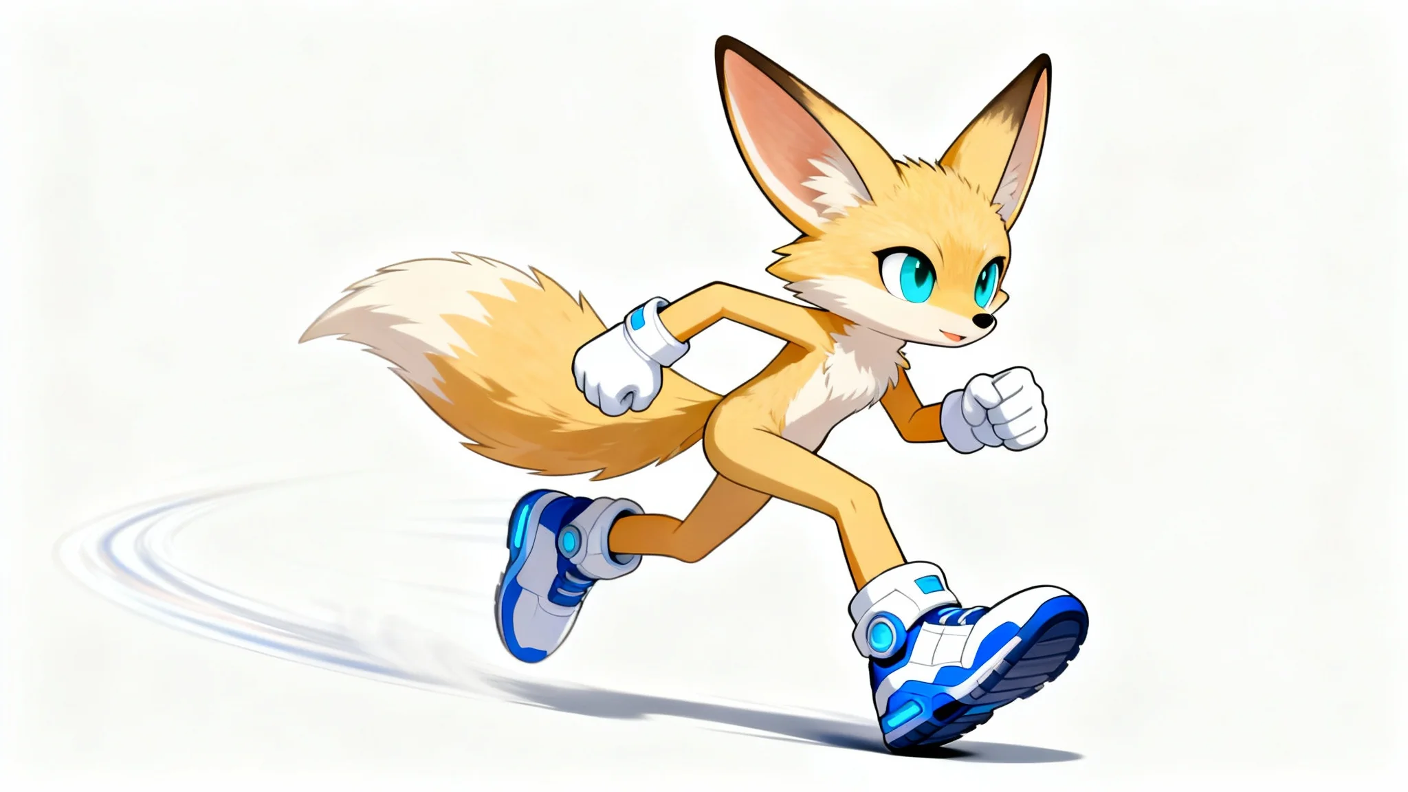 A full-body digital illustration of an original character in the style of Sonic the Hedgehog, a fennec fox, dynamically posed against a plain white background.