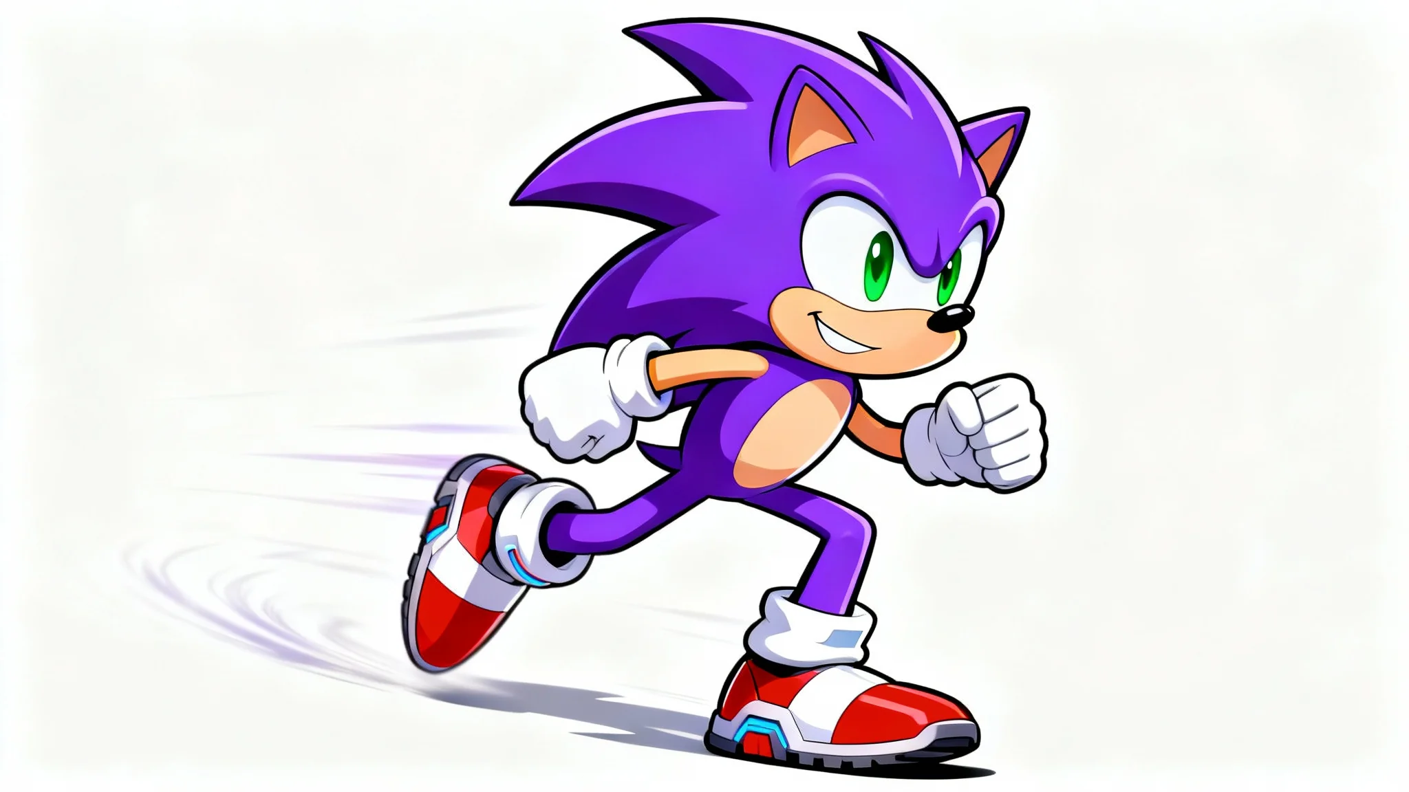 An original Sonic-style hedgehog character with purple spikes and red sneakers, captured mid-sprint against a clean white background.