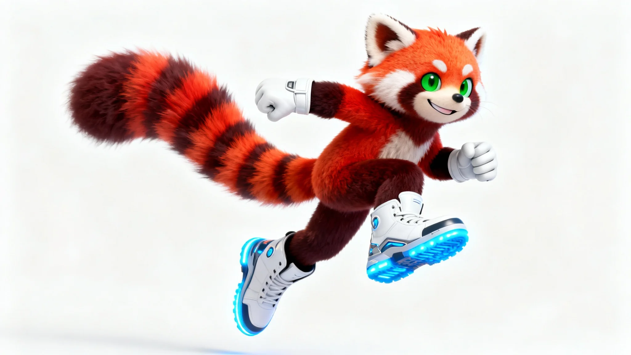 A 3D render of an original Sonic-style character, a red panda, leaping forward energetically against a clean white background.