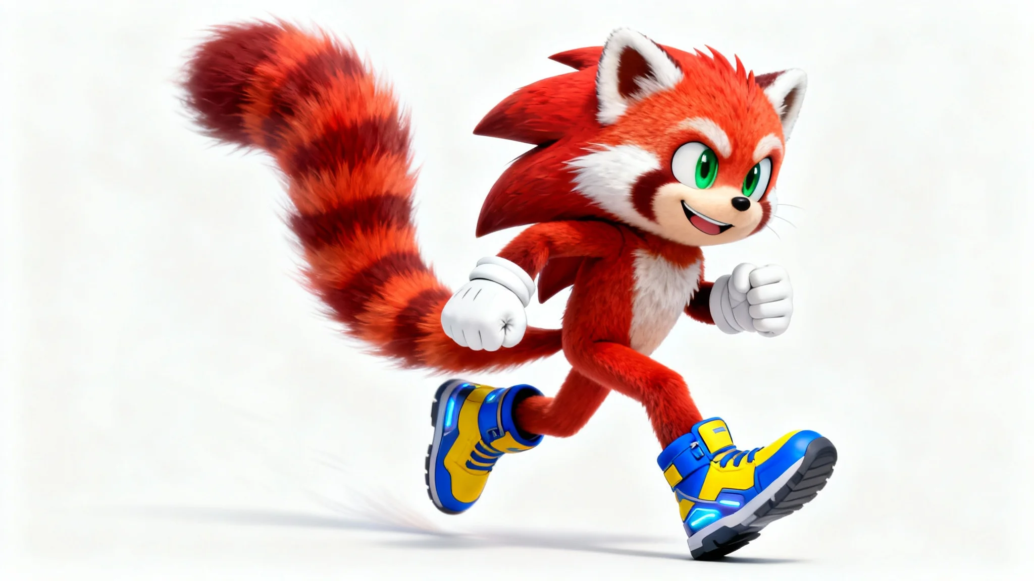 An original character designed in the style of Sonic the Hedgehog, depicted as an anthropomorphic red panda with orange fur and green eyes, captured in a dynamic running pose against a white background.