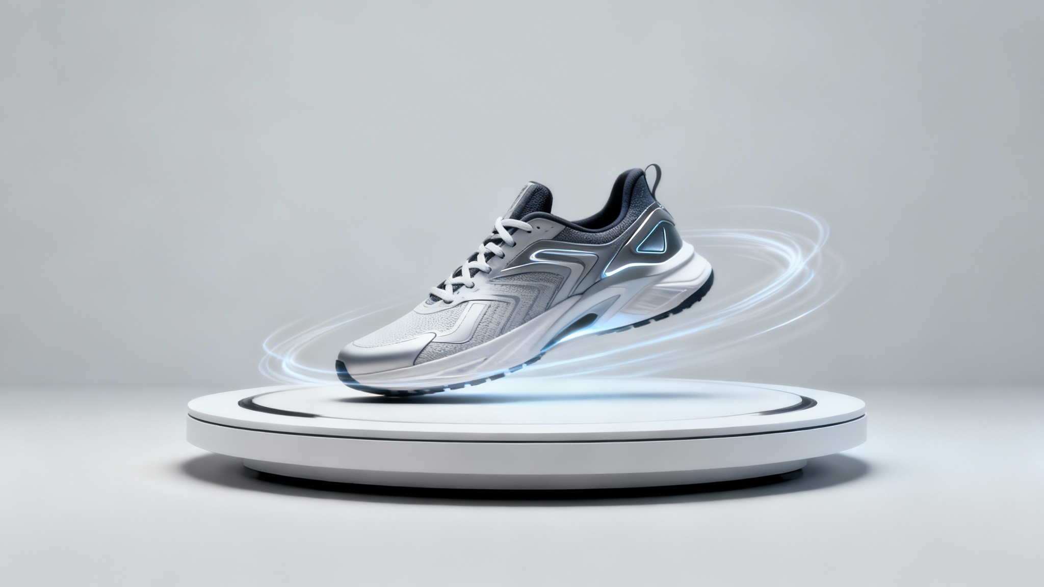 A stylish sneaker shown in a 360-degree view, with light trails indicating its rotation on a clean, modern background, representing a 360 product video.