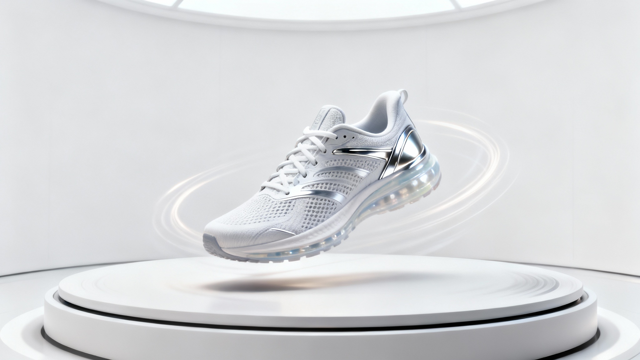 A modern running shoe photographed mid-rotation on a turntable against a clean white background, demonstrating a 360-degree product view.