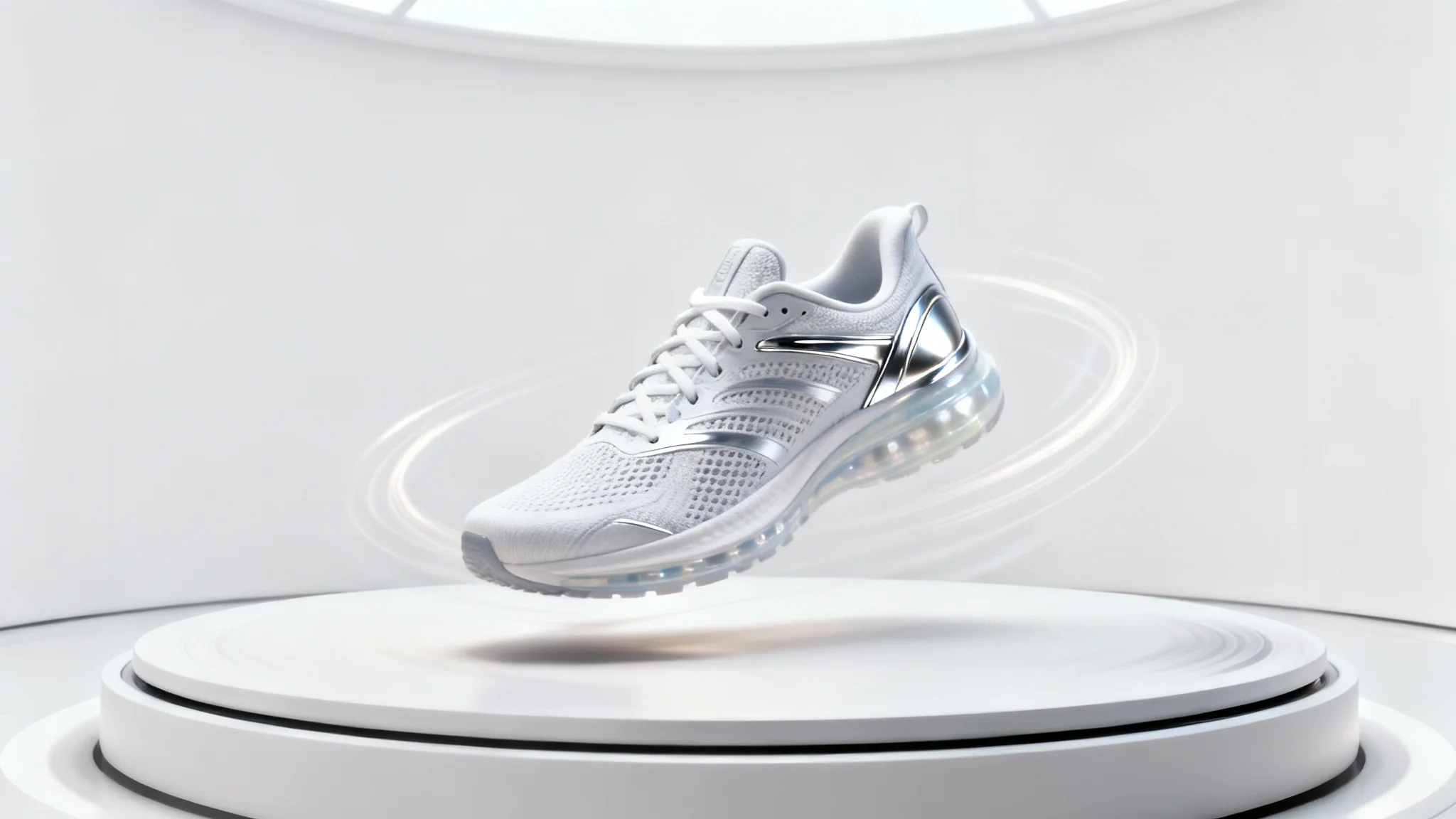 A modern running shoe photographed mid-rotation on a turntable against a clean white background, demonstrating a 360-degree product view.