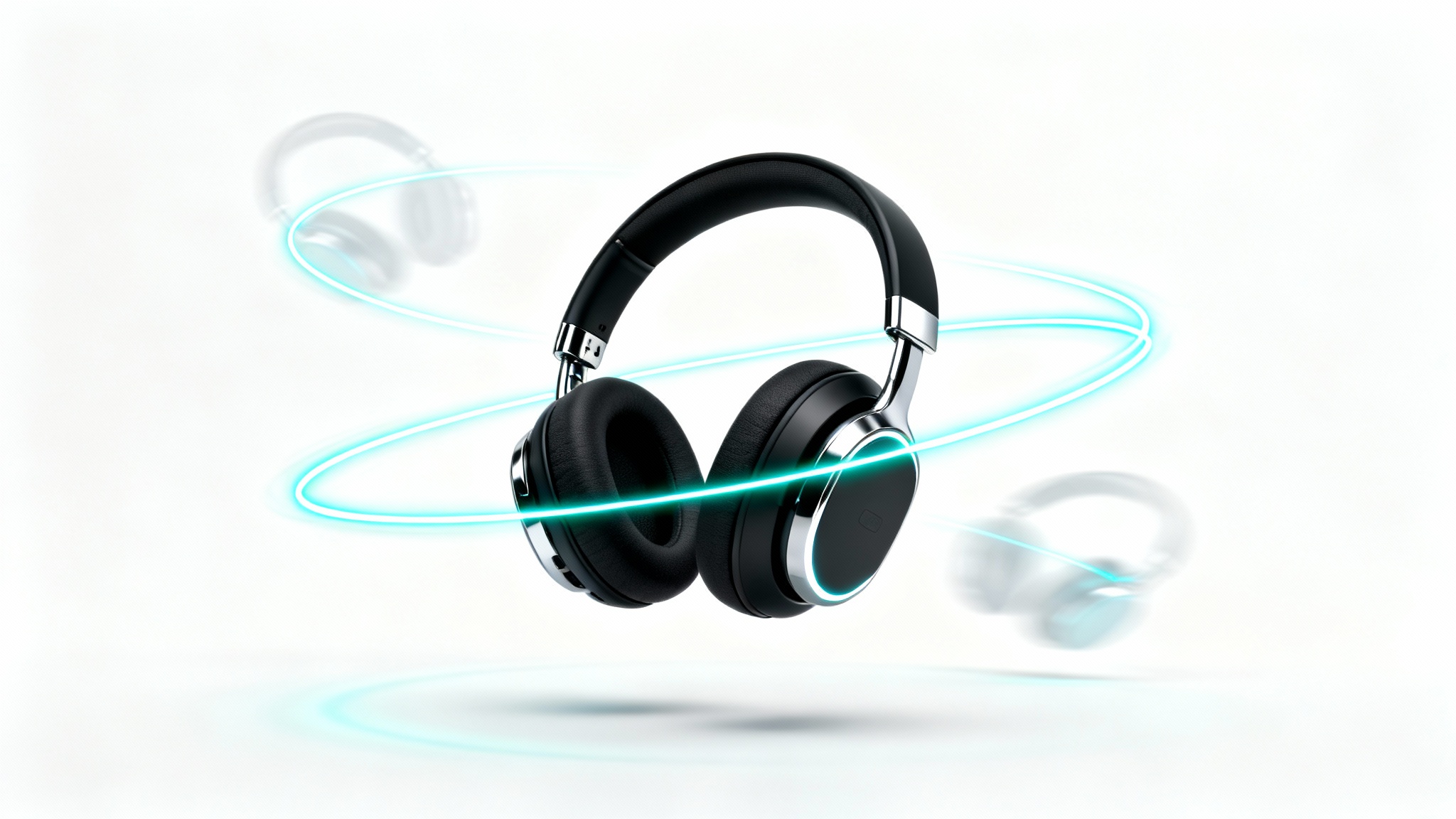 A high-end wireless headphone suspended against a white background, with glowing light trails circling it to illustrate the concept of a 360-degree product video.
