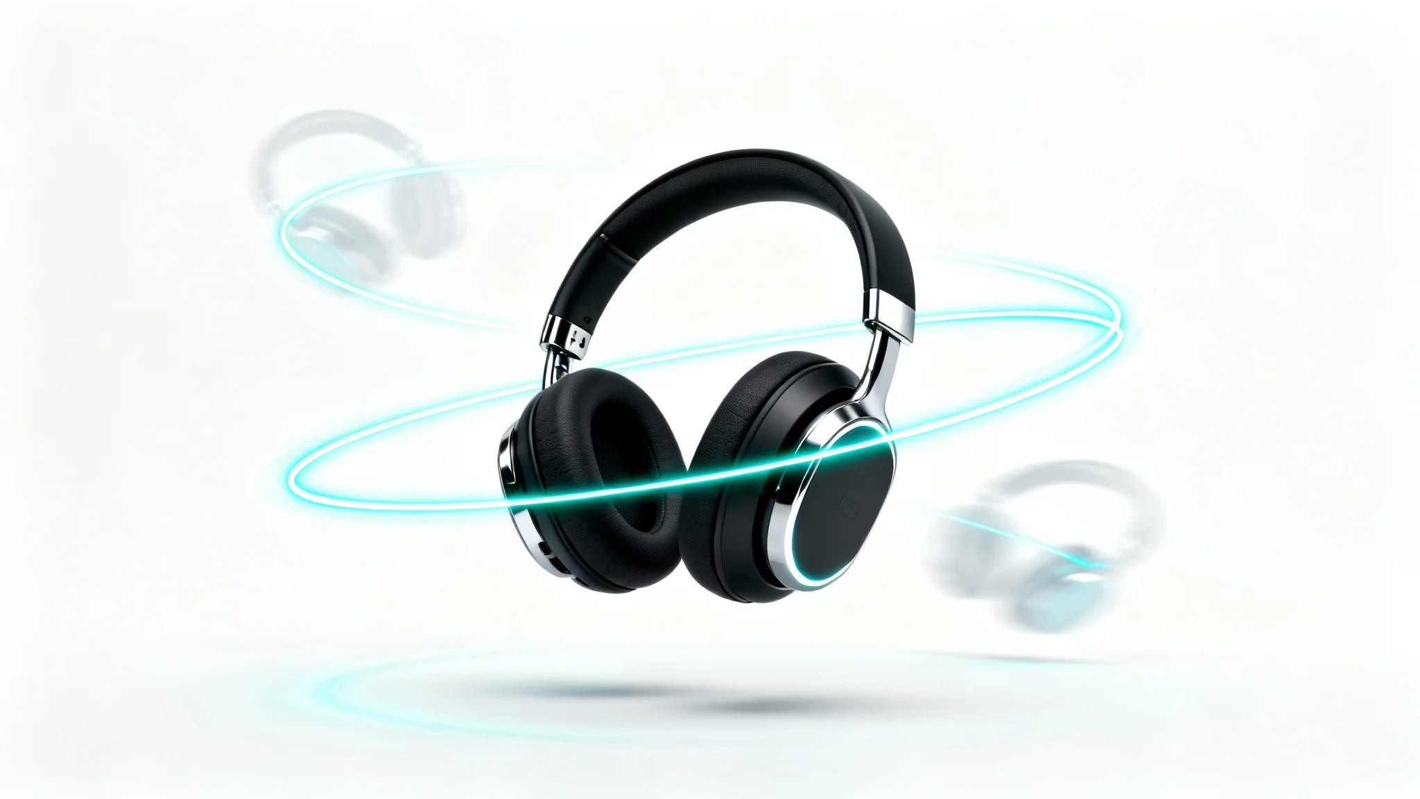 A high-end wireless headphone suspended against a white background, with glowing light trails circling it to illustrate the concept of a 360-degree product video.