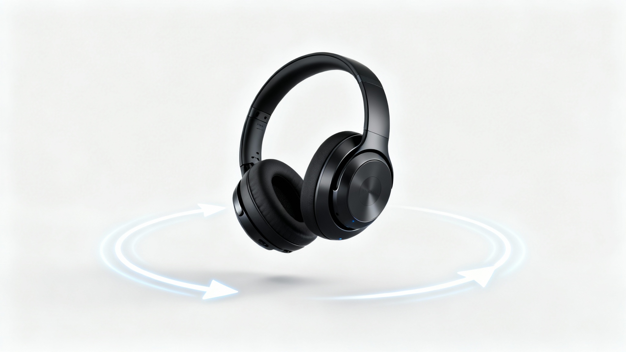 A sleek black wireless headphone floating on a white background, with a circular light trail and arrows indicating a 360-degree view, representing a 360 product video.