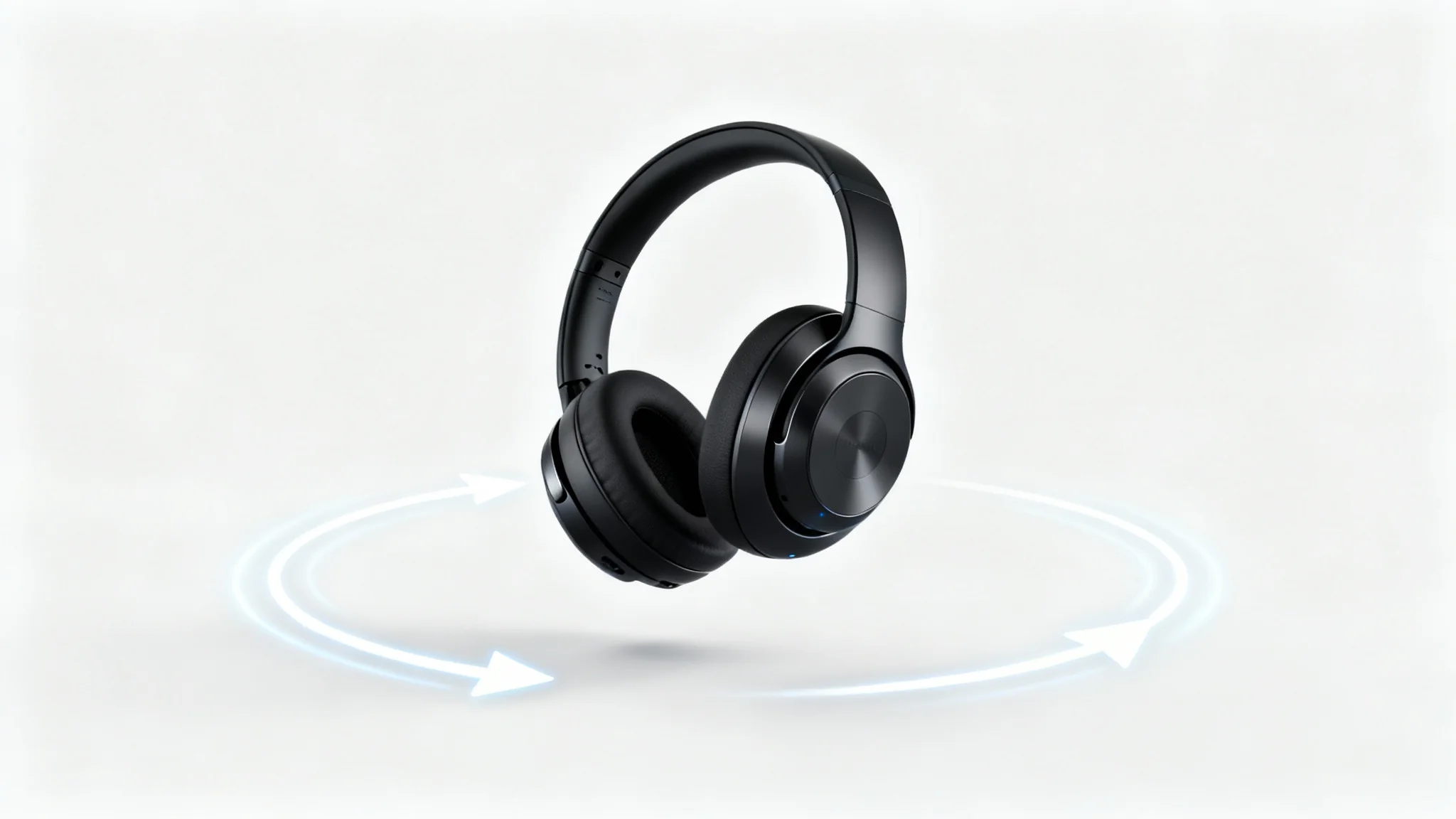 A sleek black wireless headphone floating on a white background, with a circular light trail and arrows indicating a 360-degree view, representing a 360 product video.