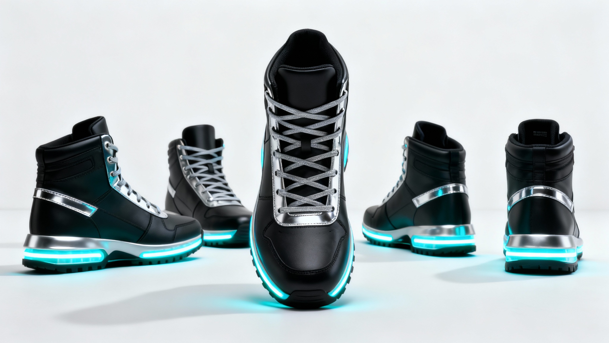 A high-tech black sneaker shown from five different angles in an arc, simulating a 360-degree product view against a clean white background.
