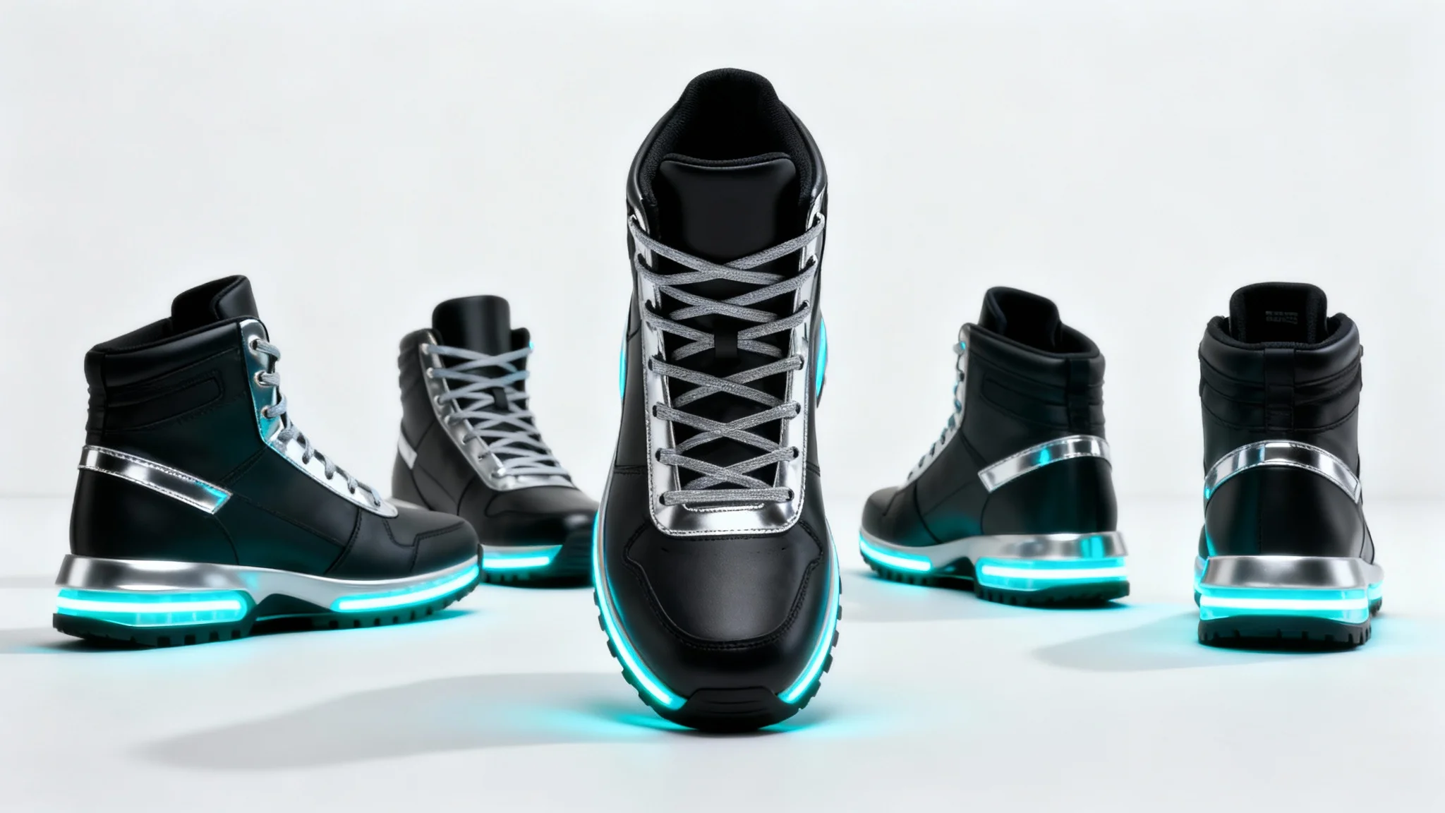 A high-tech black sneaker shown from five different angles in an arc, simulating a 360-degree product view against a clean white background.