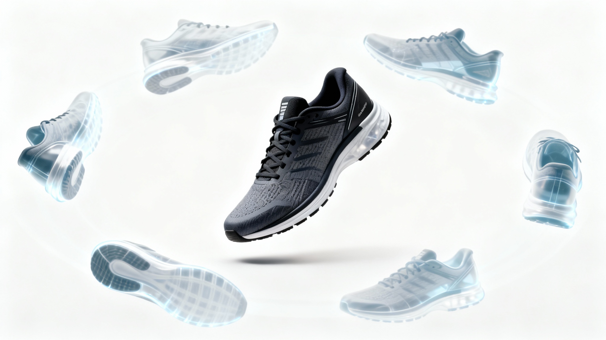 A modern running shoe is displayed against a white background, with transparent versions of it rotating around to showcase a 360-degree view.