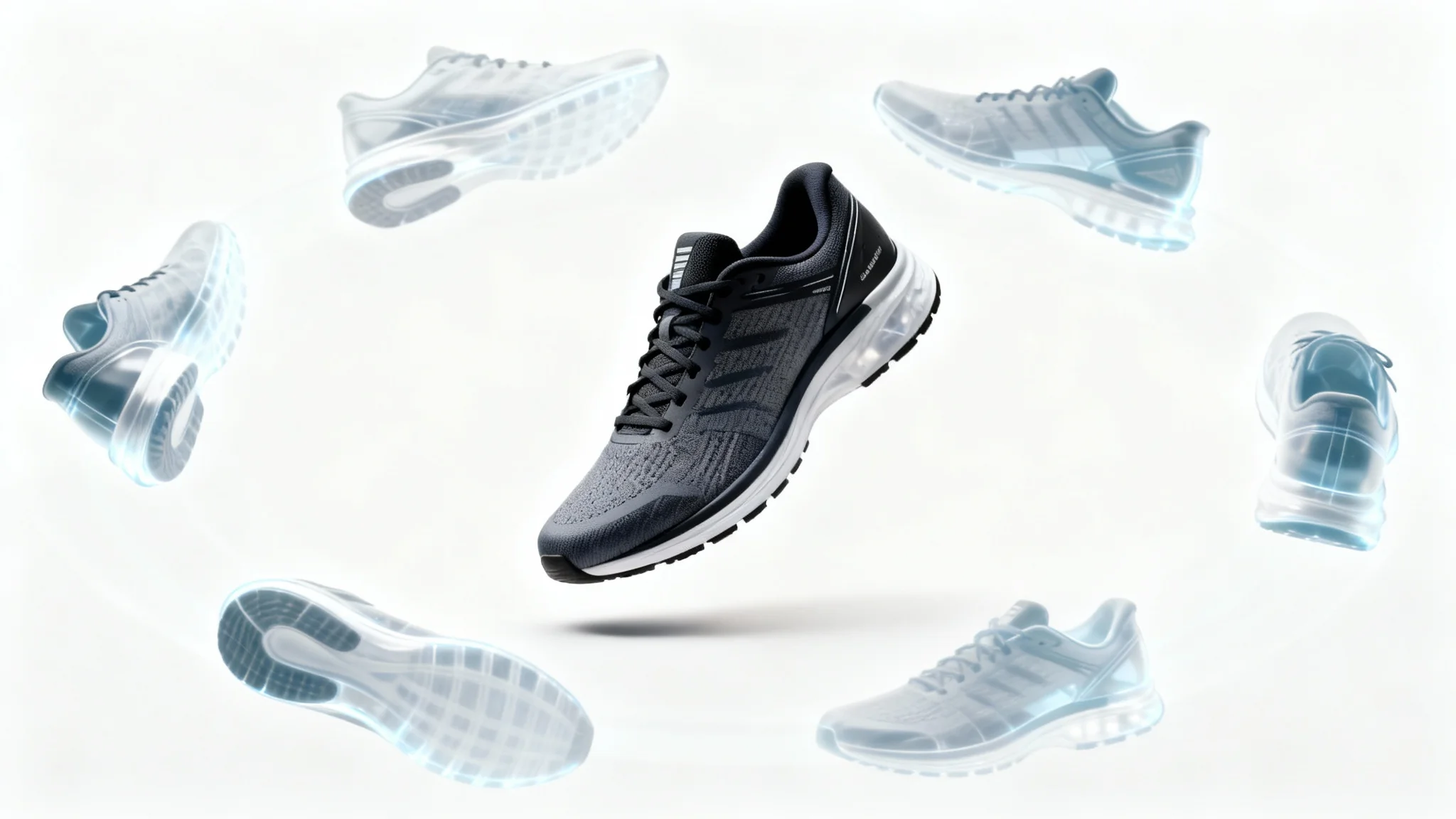 A modern running shoe is displayed against a white background, with transparent versions of it rotating around to showcase a 360-degree view.