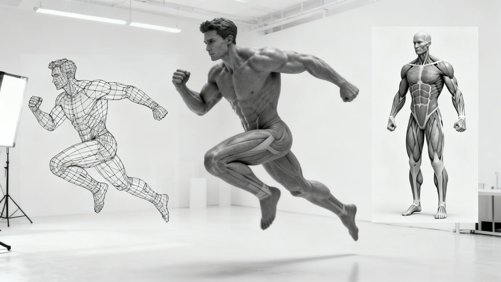 A hero image displaying the output of an action pose reference tool. The central figure is a high-quality 3D model of a muscular man in a dynamic leap, rendered in matte grey. Side panels show the same pose in wireframe and anatomical muscle views, all against a clean white background.