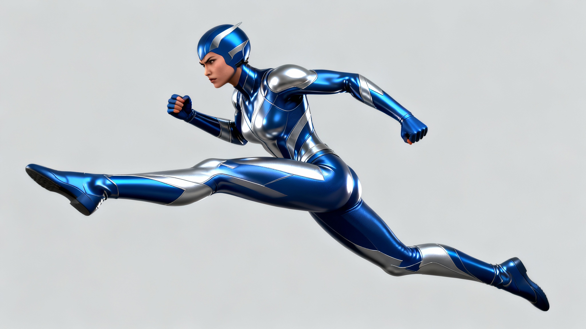 A digital art illustration of a female superhero in a dynamic leaping action pose against a plain background, serving as a reference for artists.