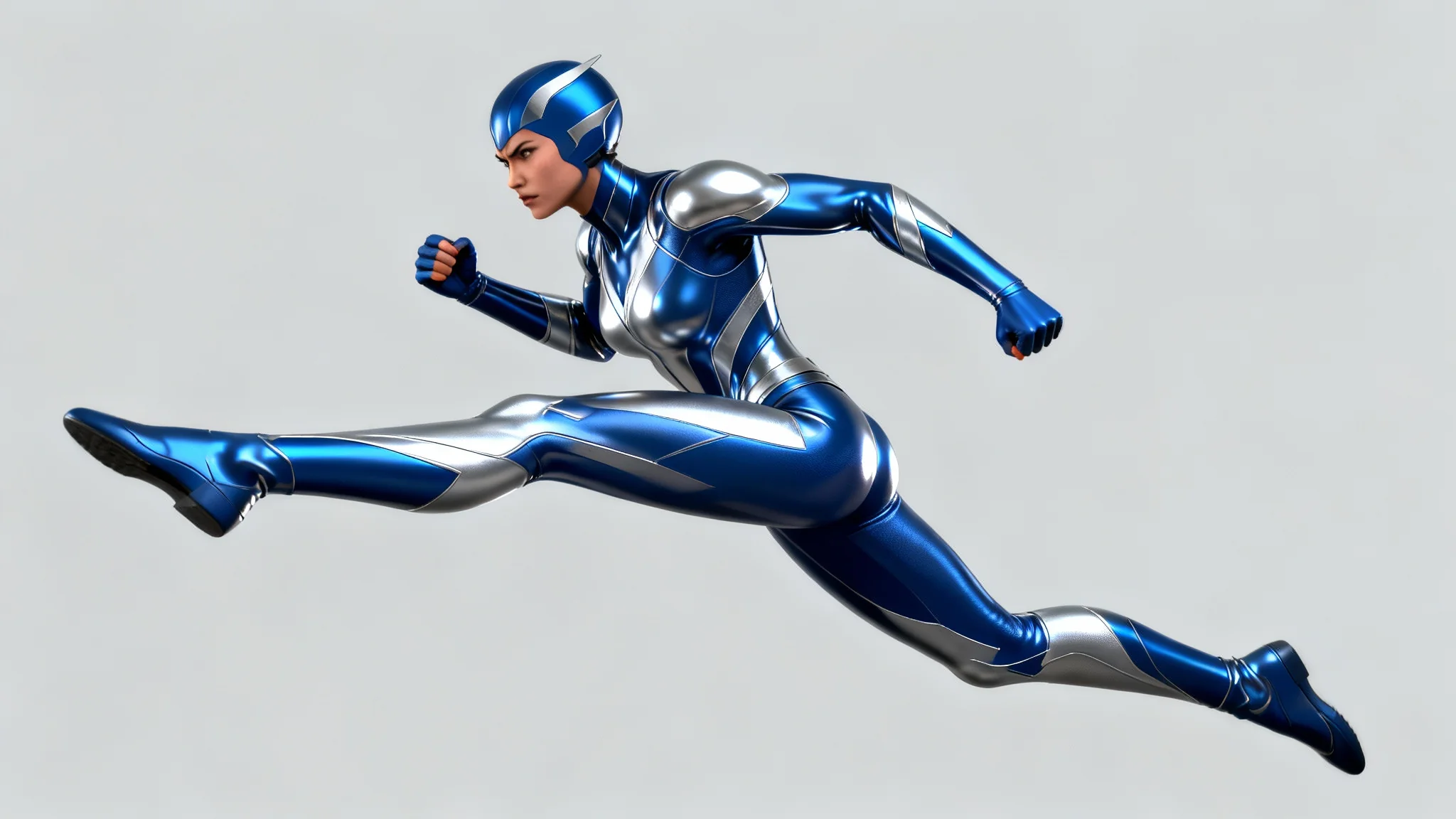 A digital art illustration of a female superhero in a dynamic leaping action pose against a plain background, serving as a reference for artists.