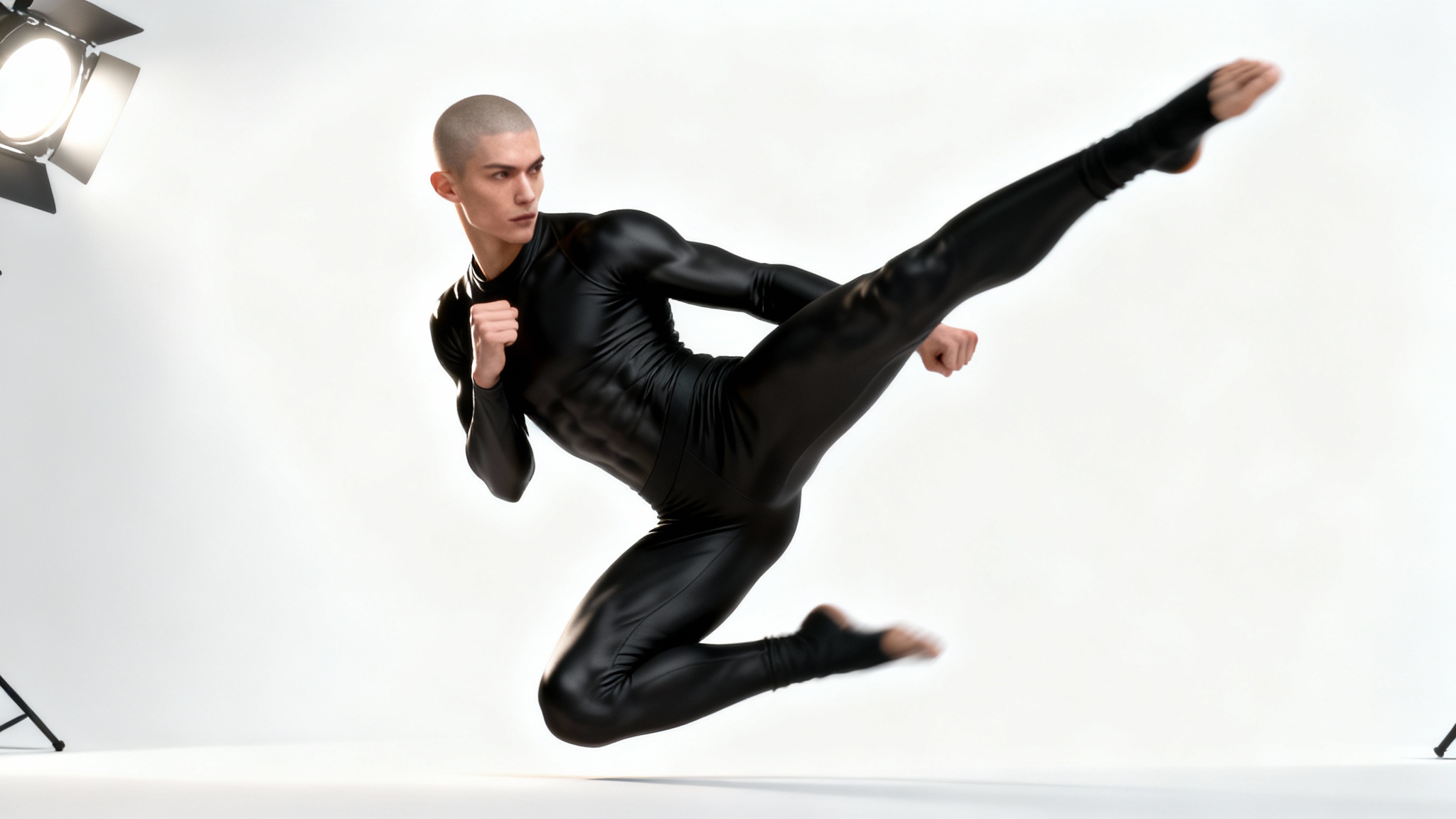 A 3D rendered athletic figure in a black bodysuit is captured mid-air executing a dynamic martial arts kick against a plain white background, serving as an action pose reference for artists.