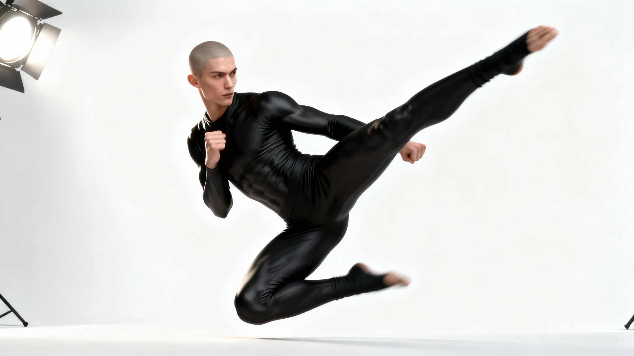 A 3D rendered athletic figure in a black bodysuit is captured mid-air executing a dynamic martial arts kick against a plain white background, serving as an action pose reference for artists.