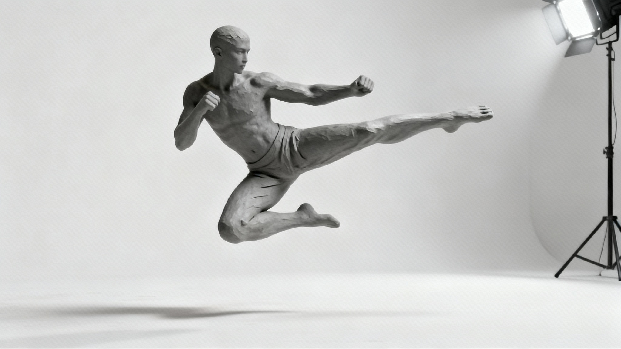 A 3D rendered gray figure in a dynamic martial arts kicking pose against a clean white background, serving as an action pose reference.
