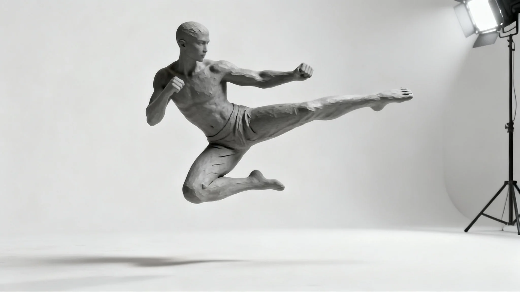 A 3D rendered gray figure in a dynamic martial arts kicking pose against a clean white background, serving as an action pose reference.