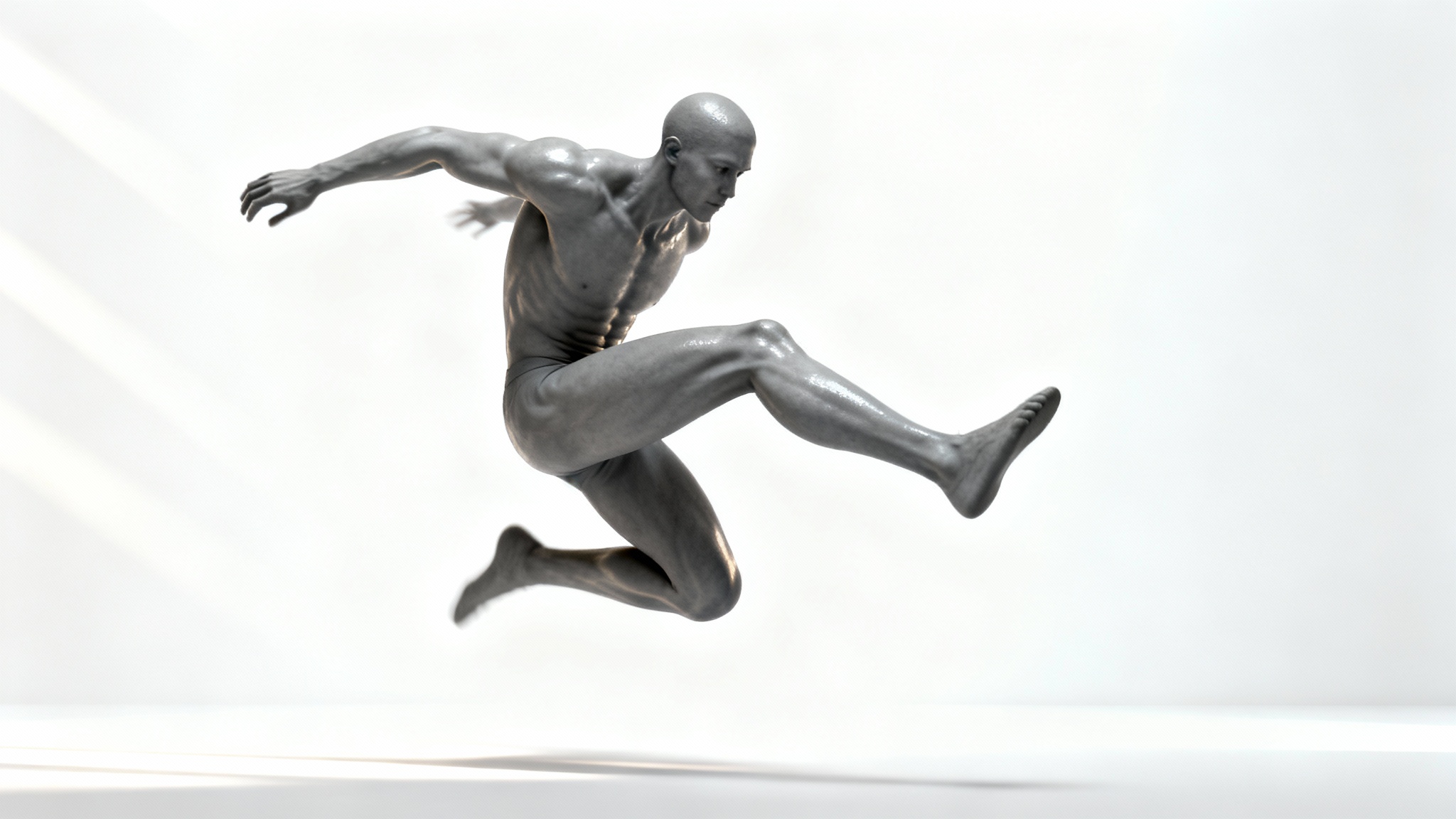 A stylized, grey anatomical figure is frozen in a dynamic action pose against a stark white background, illustrating a reference for artists.