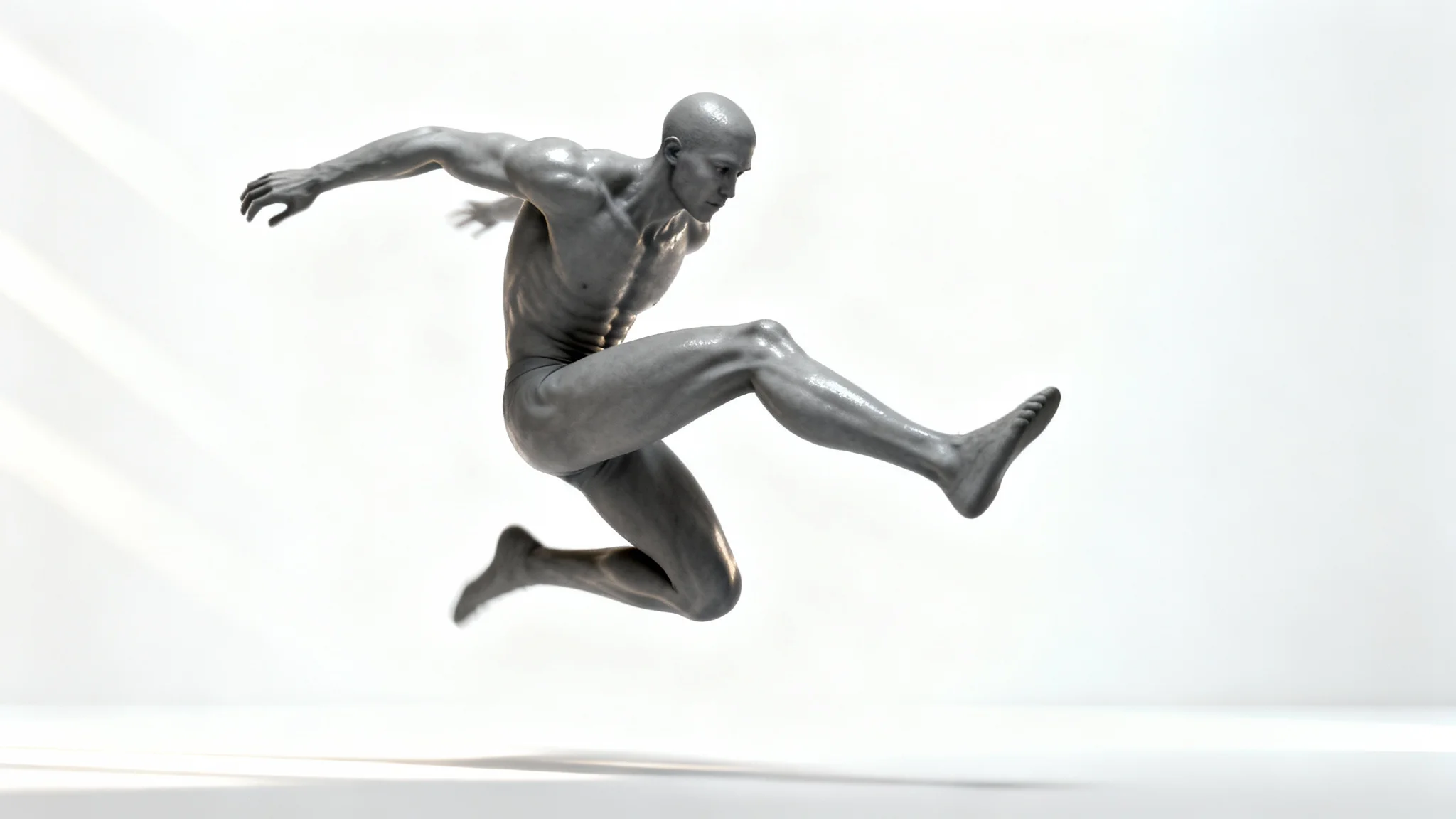 A stylized, grey anatomical figure is frozen in a dynamic action pose against a stark white background, illustrating a reference for artists.