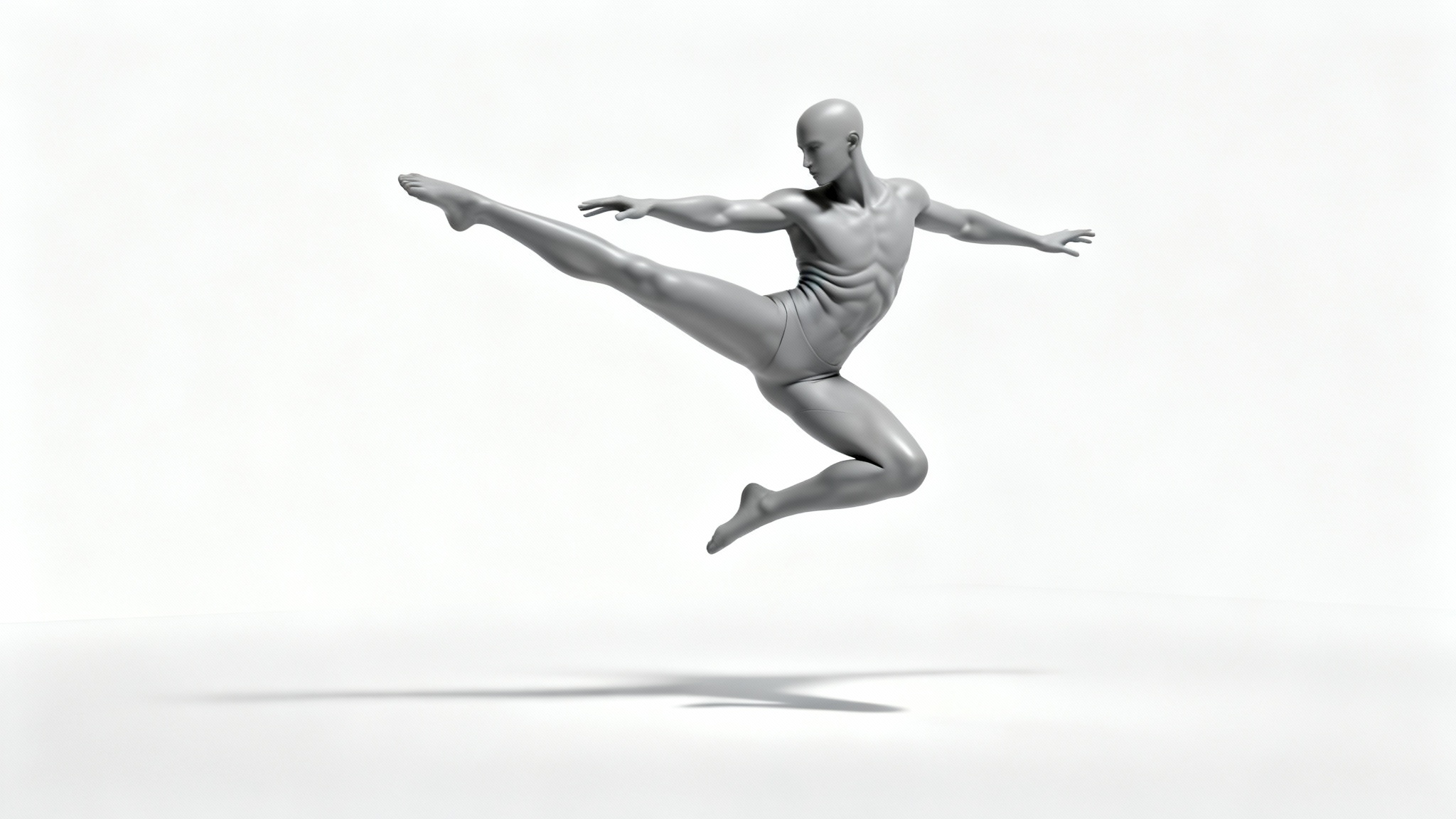 A minimalist grey mannequin captured in a dynamic mid-air kicking pose on a stark white background, representing an action pose reference for artists.