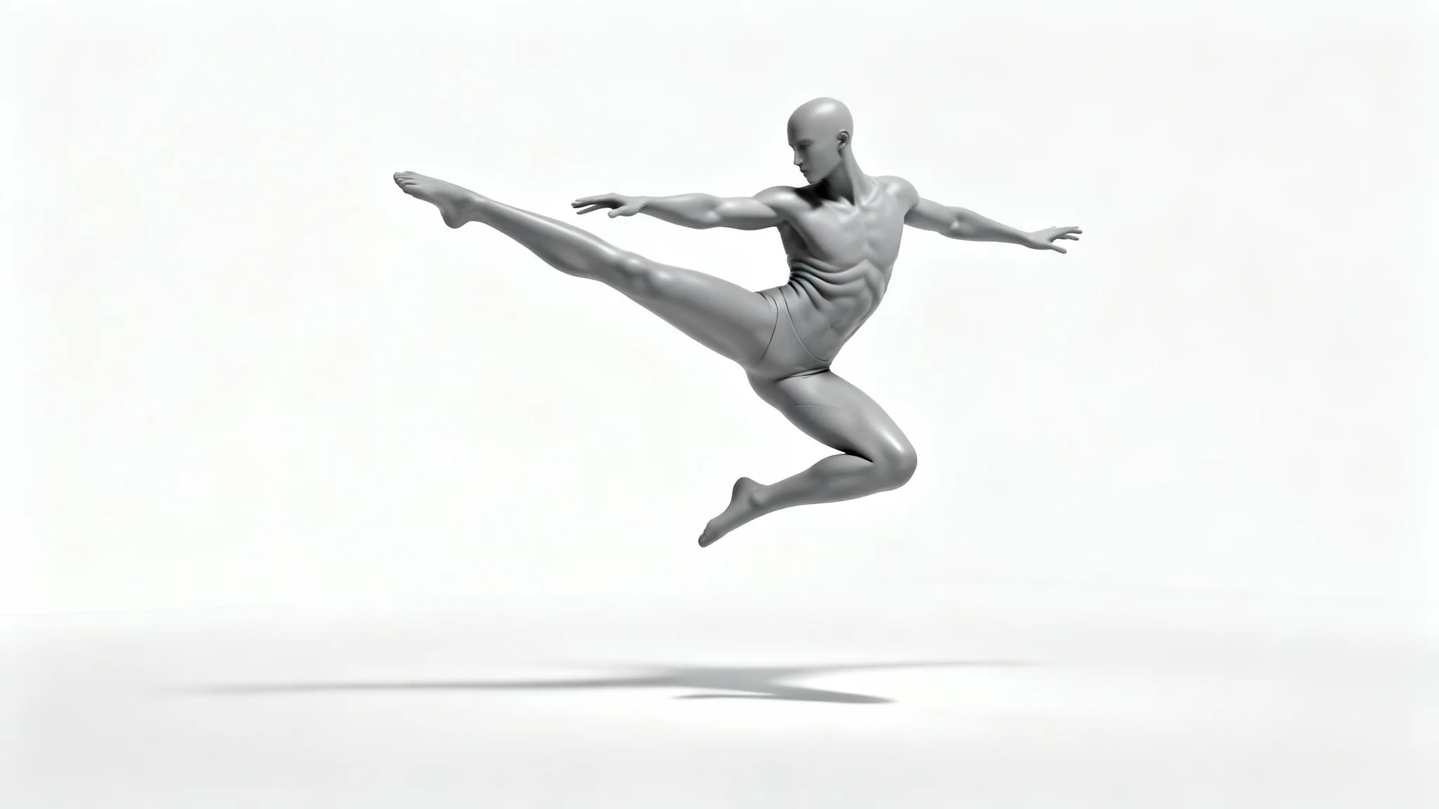 A minimalist grey mannequin captured in a dynamic mid-air kicking pose on a stark white background, representing an action pose reference for artists.
