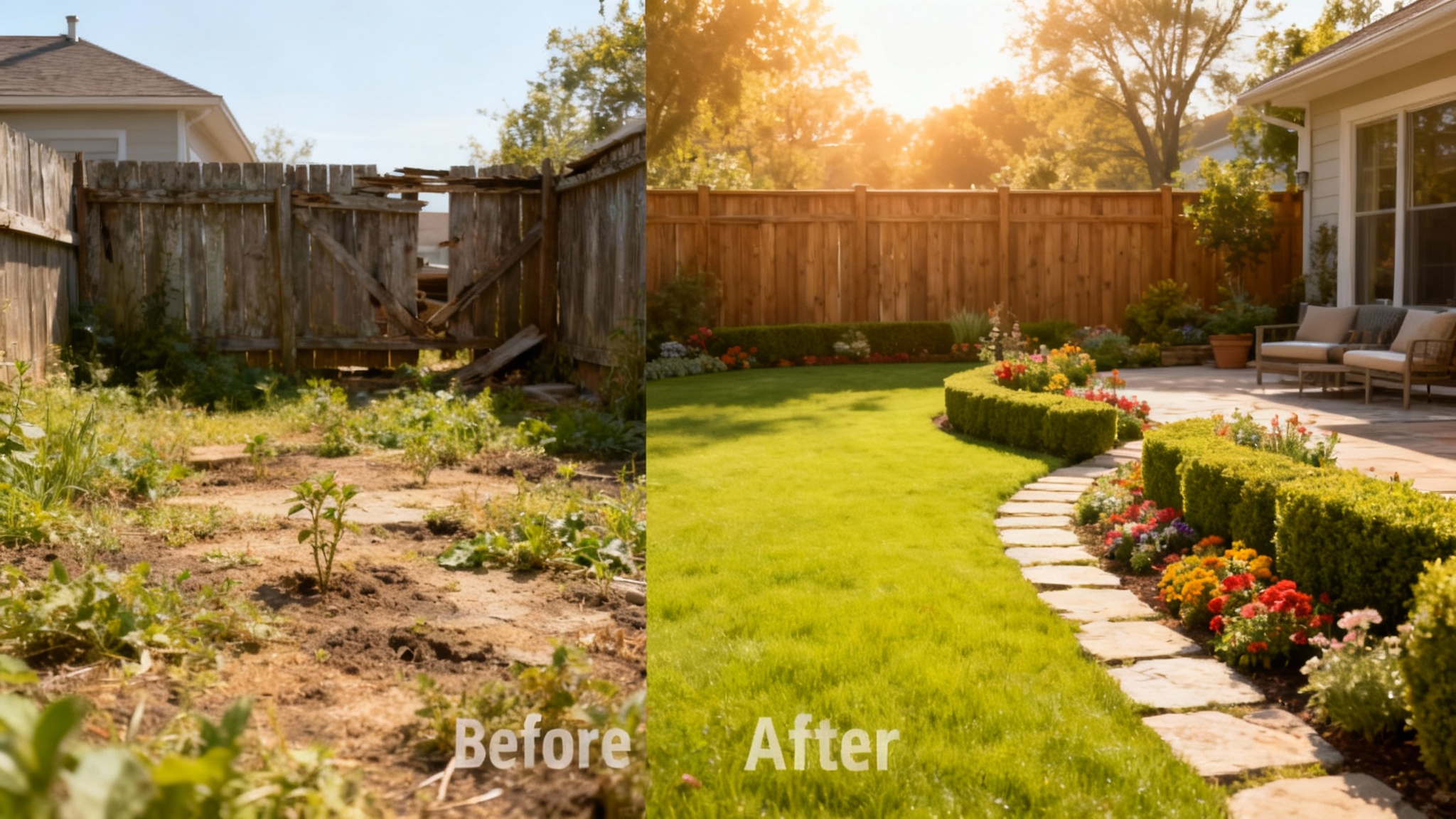 A side-by-side hero image showing a garden transformation. The 'before' image on the left shows a weedy, unkempt yard. The 'after' image on the right shows a beautiful, professionally landscaped garden with lush grass, colorful flowers, and a stone path.
