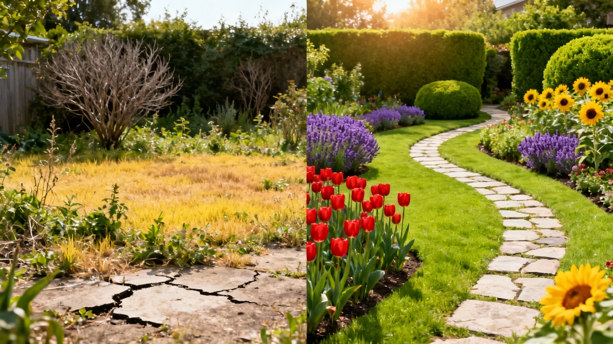 A side-by-side comparison image showing a dramatic garden makeover. The 'before' side shows a neglected, weedy yard, while the 'after' side shows a lush, vibrant garden with a perfect lawn, colorful flowers, and a stone path.