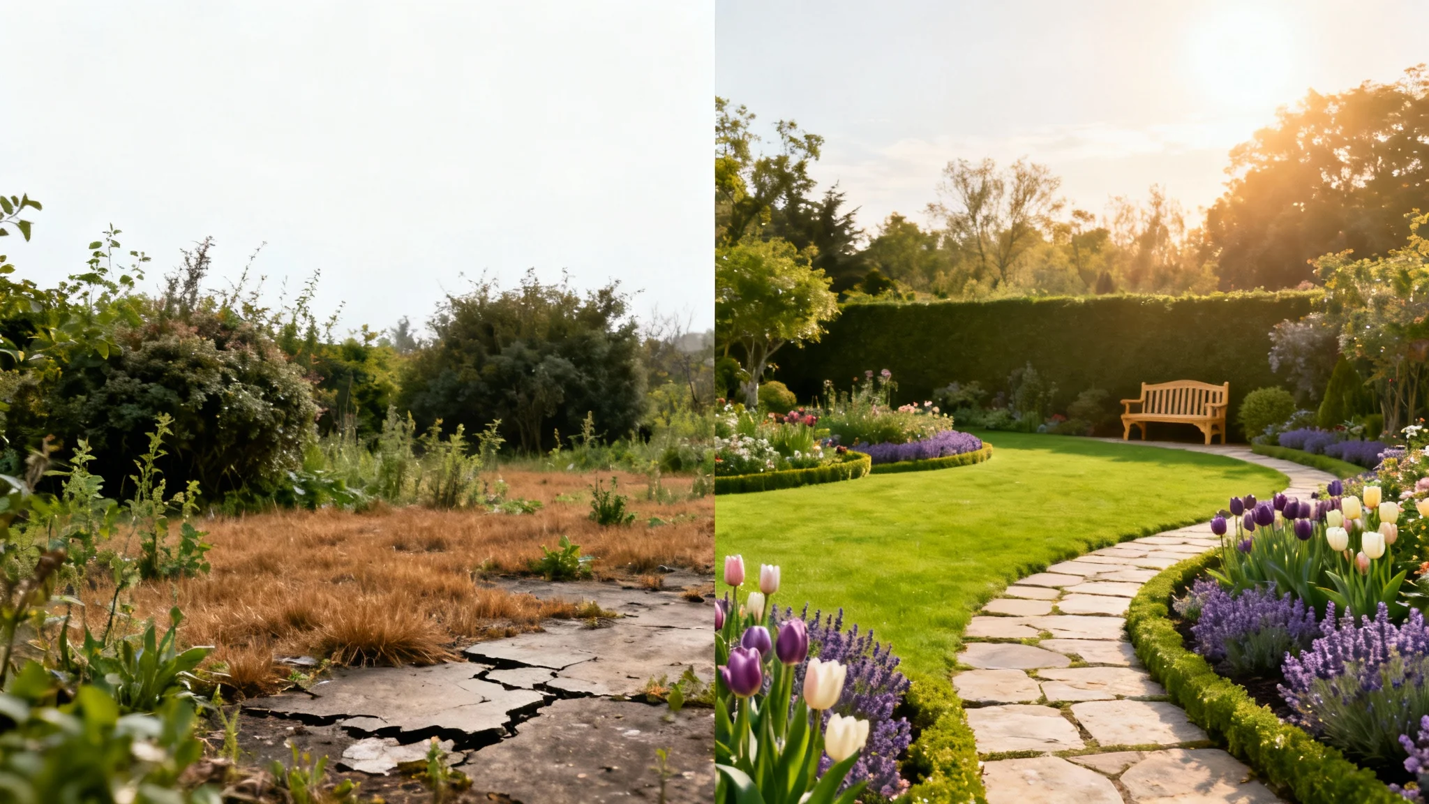 A split-view comparison of a backyard garden. The 'before' side shows a neglected, weedy space, while the 'after' side displays a beautifully landscaped garden with a green lawn, vibrant flowers, and a neat path.