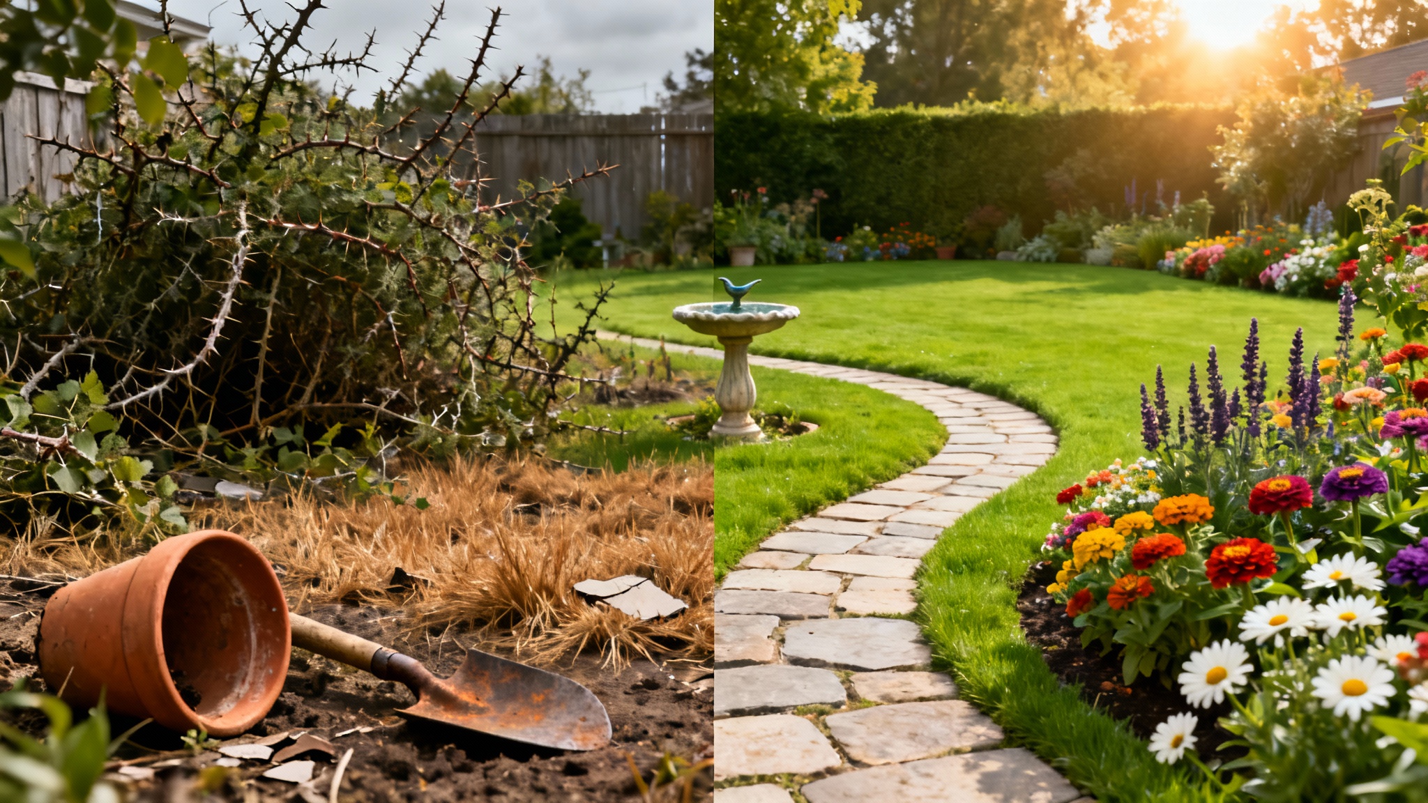 A split-screen comparison showing a garden transformation. The left side shows a neglected, overgrown yard, and the right side shows the same yard transformed into a beautiful, lush garden with flowers and a neat lawn.