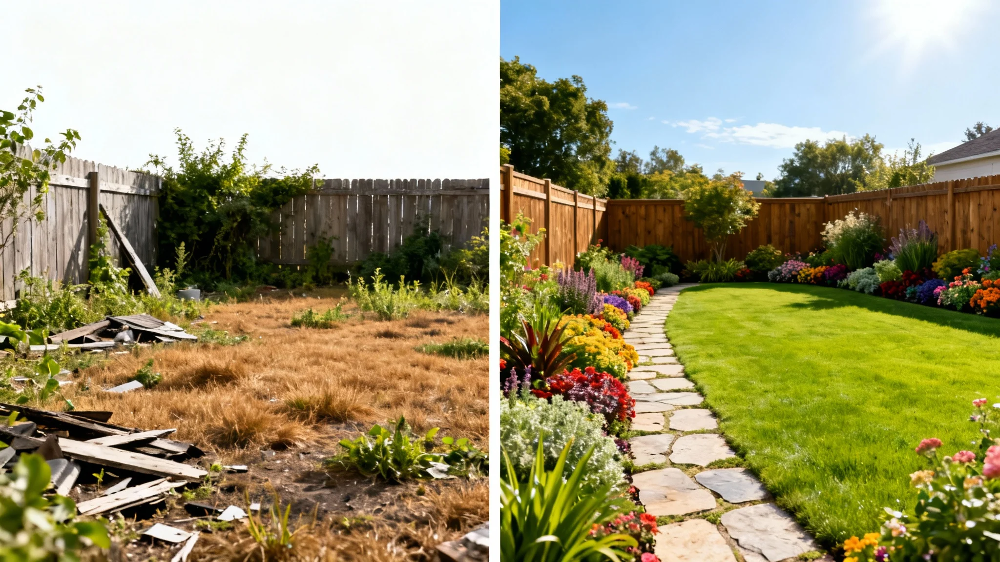 A split-screen image comparing a garden before and after a makeover. The left side shows a neglected, weedy yard, and the right side shows a beautifully landscaped garden with a green lawn and colorful flowers.