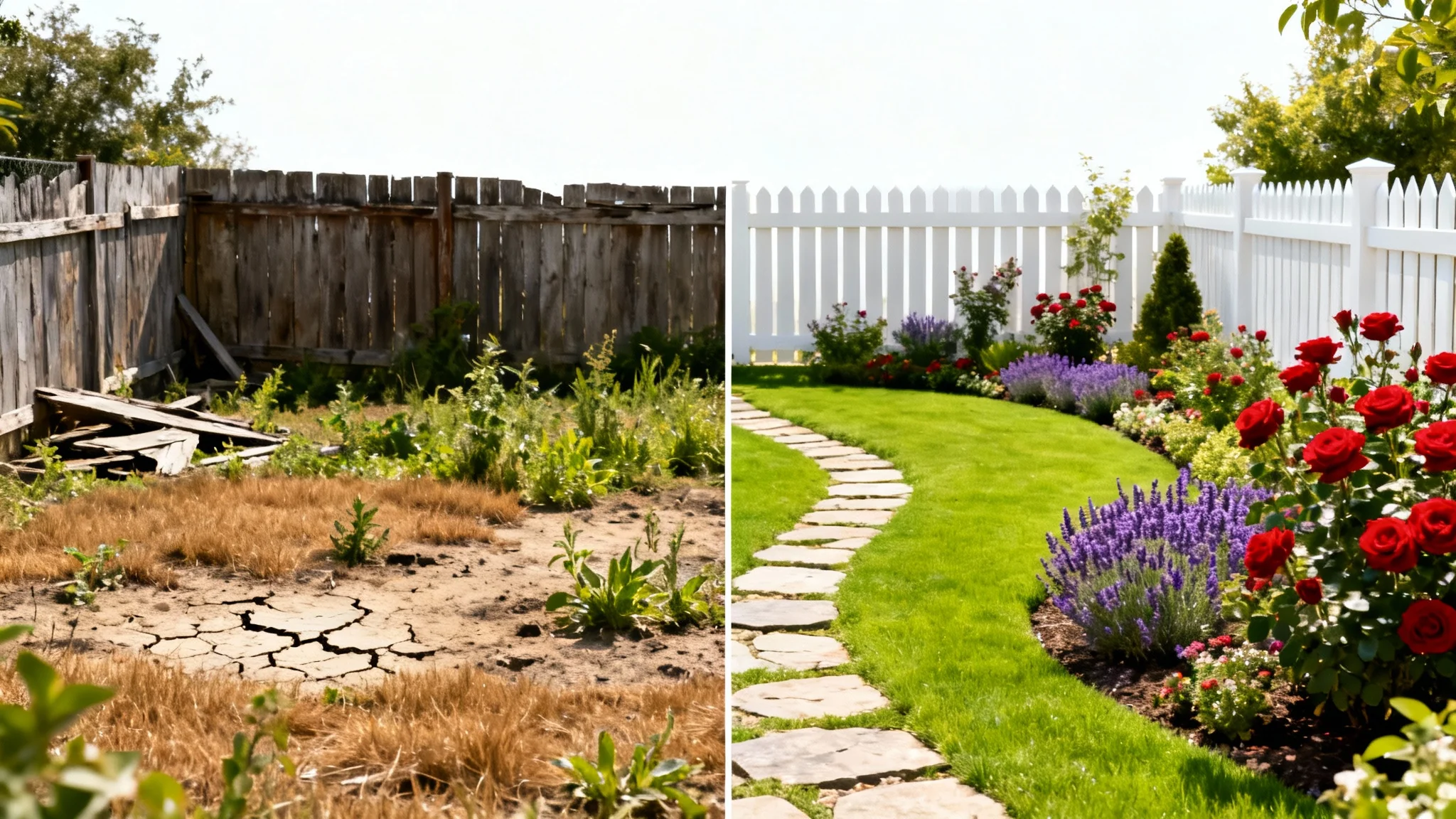 A split-screen image demonstrating a garden makeover. The left side shows a neglected, weedy garden, while the right side shows the same space transformed into a beautiful, landscaped garden with a green lawn and colorful flowers.