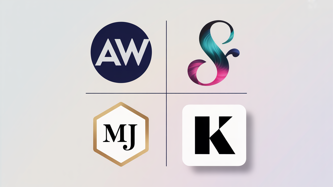 A grid of four different professional initials icons on a light background, showcasing various design styles. Includes an 'AW' icon, a stylized 'S' icon, an 'MJ' monogram, and a minimalist 'K' icon.