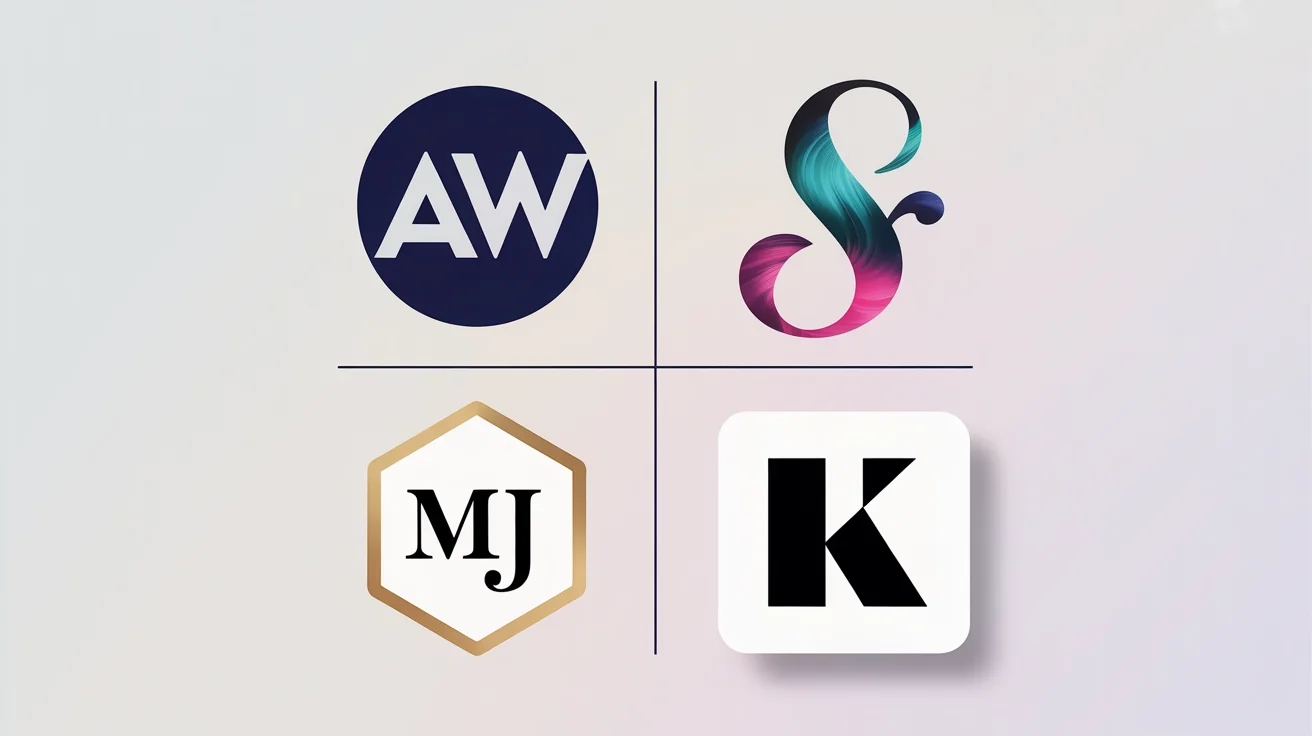 A grid of four different professional initials icons on a light background, showcasing various design styles. Includes an 'AW' icon, a stylized 'S' icon, an 'MJ' monogram, and a minimalist 'K' icon.