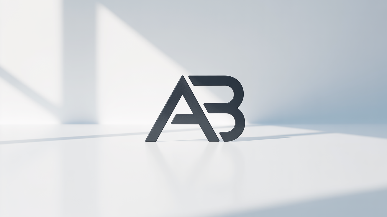 A minimalist, charcoal gray initials icon showing the letters 'A' and 'B' intertwined in a modern, geometric style on a clean white background.