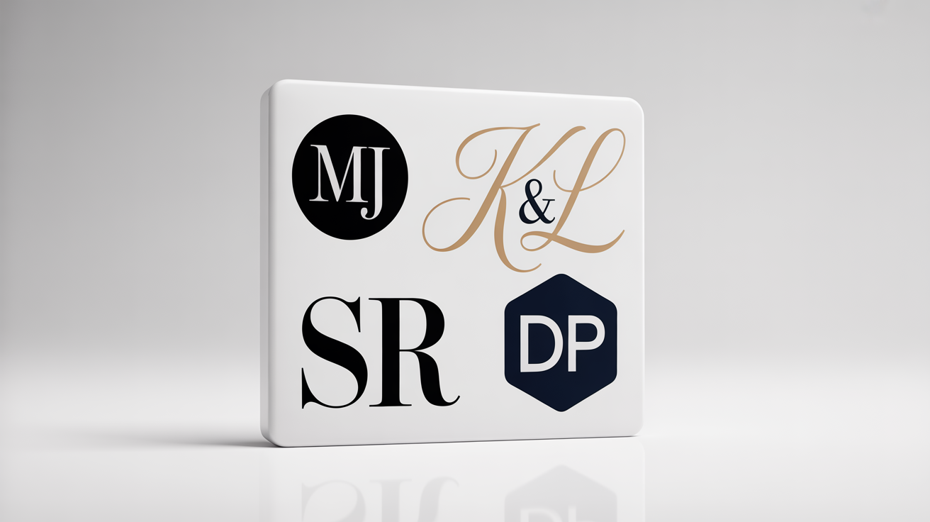 A collection of professionally designed initials icons, including 'MJ', 'K&L', and 'SR', showcasing various modern styles and colors on a clean white background, representing custom logo creation.
